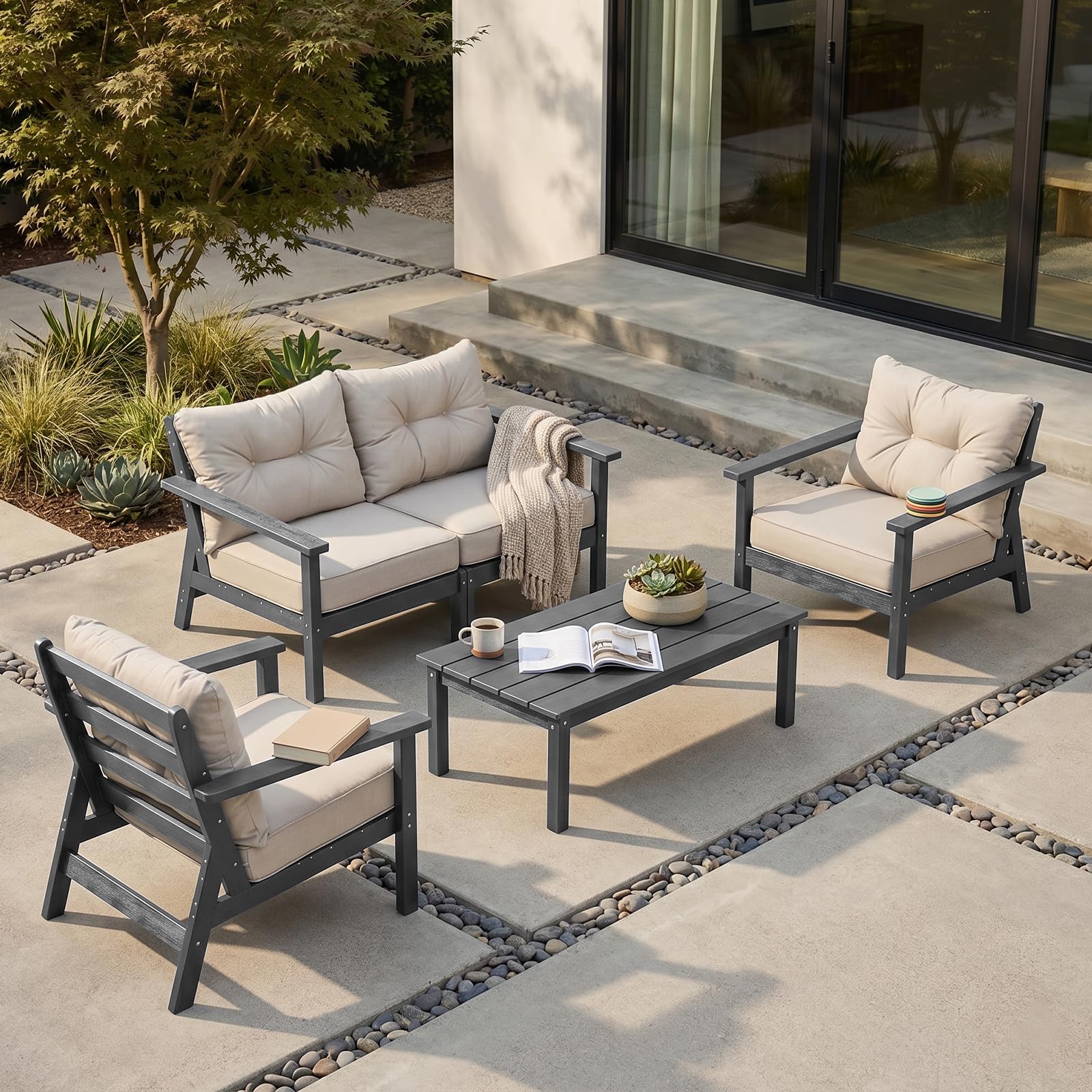 HDPE Patio Conversation Set 4 Seats, Outdoor Furniture Set, Patio Sofa Set