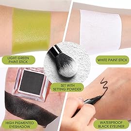 BOBISUKA Light Green & White Face Body Paint Stick Kit with Black Eyeshadow, Black Liquid Eyeliner, Setting Powder & 2 Sponges - Halloween Cosplay Makeup Set for Witch, Beetle Juice, Monster, Goblin
