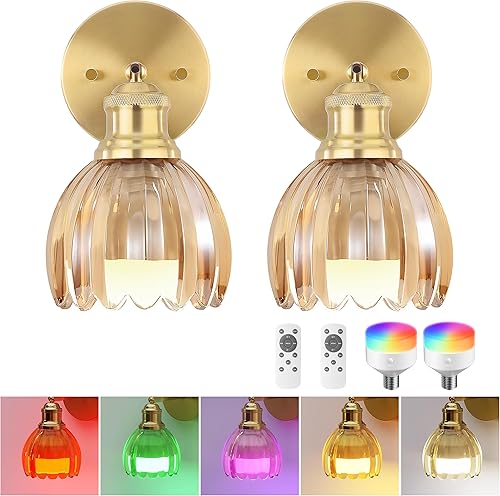 Miniatura 9 de VOLISUN Apliques de pared vintage que funcionan con pilas, con pantalla de cristal de tulipán ámbar, juego de dos apliques de pared inalámbricos,