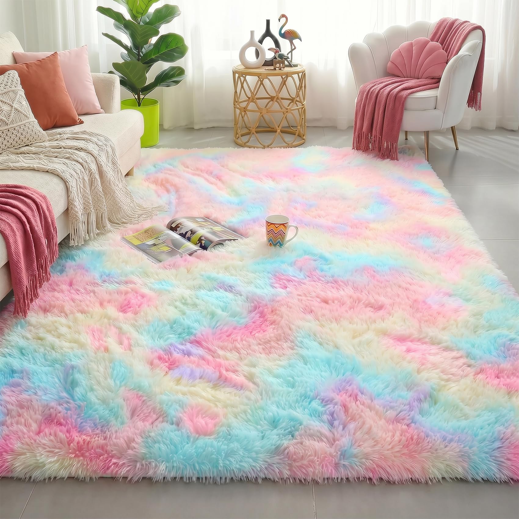 Rainbow Runner Unicorn Room Decor, Pastel Shag Carpet for Kids, Soft Play Mat for Baby, Fuzzy Living Room Mat โ image 1