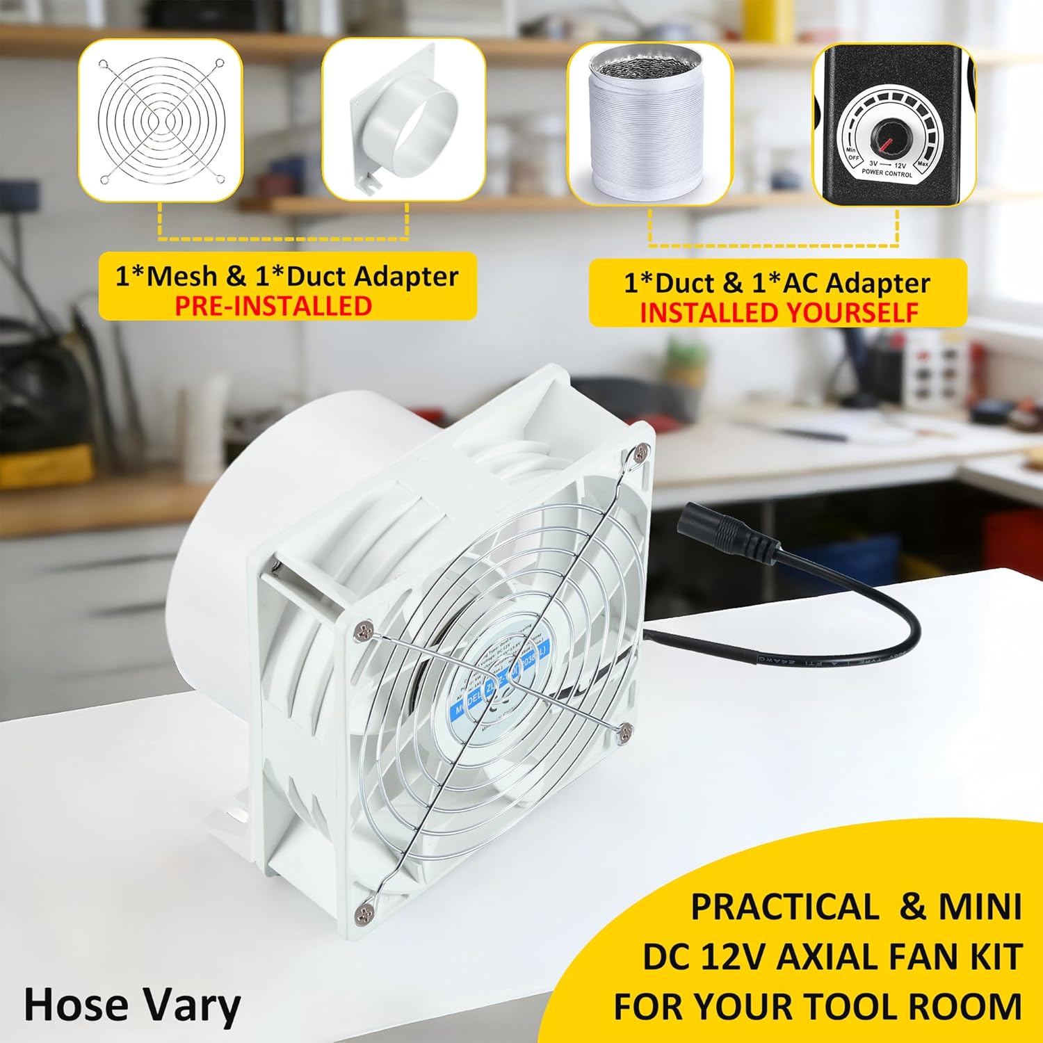 4in Fume Extractor, Air Exhaust/Blower Fan Kit with 6.5ft Dryer Hose Kit, 3000RPM 12038 DC12V Dual Ball Bearings, for 3D Printer, 3D Laser, Grow Tent - White