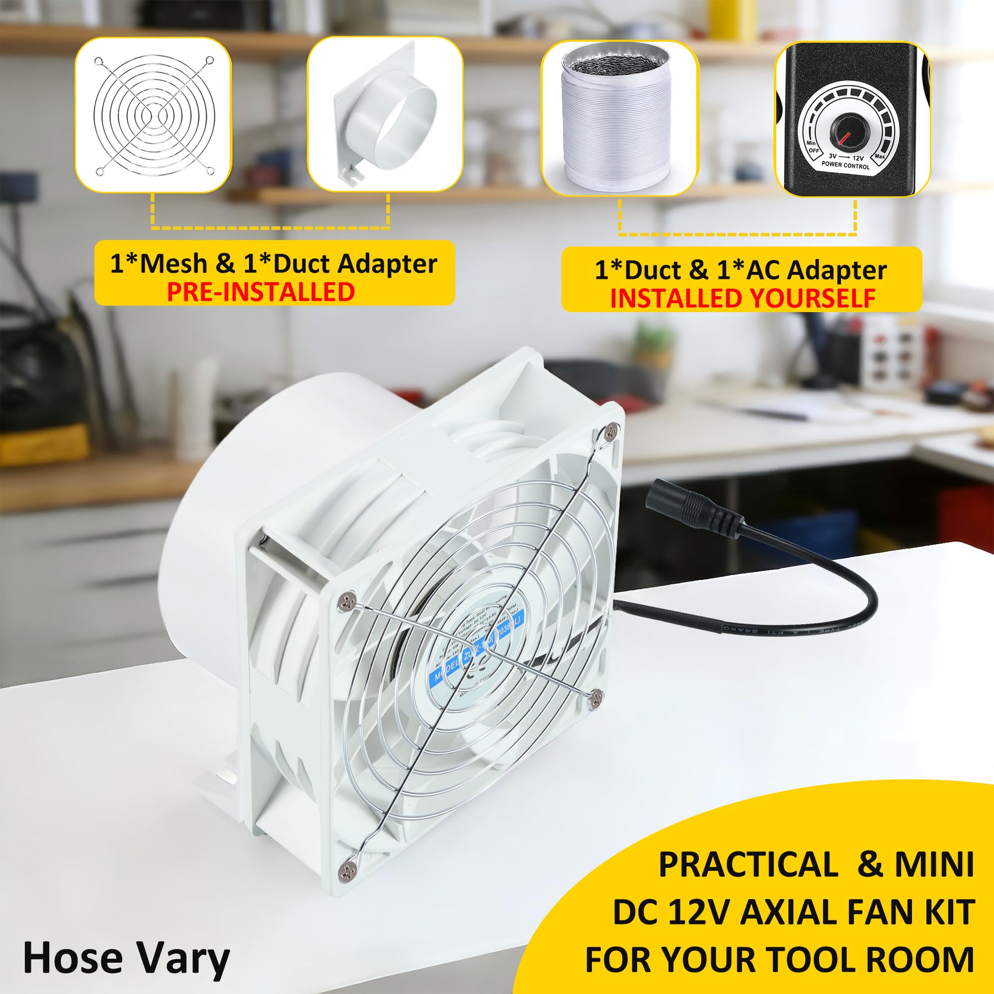 Wentylator osiowy 3000 obr./min 120 x 38 mm DC wentylator wyciągowy z wężem kanałowym 2M, ciągły ściemniacz do lasera 3D, namiot hodowlany