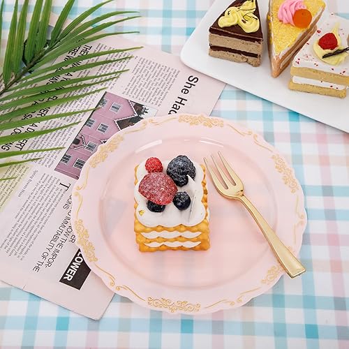 Miniatura 8 de LIYH - 100 platos de postre de oro rosa, 100 tenedores de plástico dorado, platos de pastel desechables con tenedores, platos de aperitivo, platos