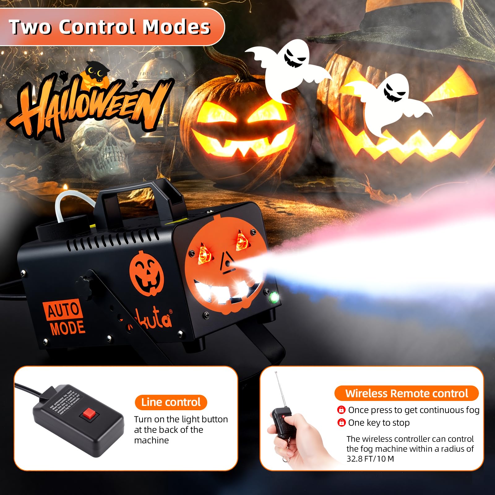 Hakuta Máquina de Humo Profesional con 6 Luces LED RGB, 2300 CFM - Niebla Automática para Halloween/Navidad/Bodas, Control Remoto y Soporte Colgante | Máquina de niebla automática 2300 CFM con función de pulverización automática, ideal para Halloween, Nav