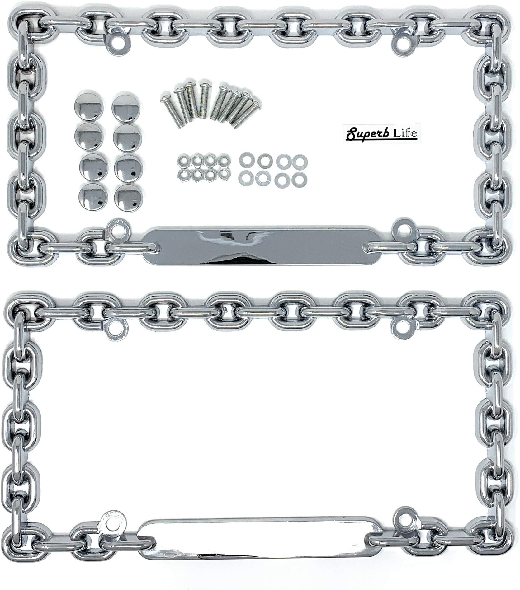 Universal Chrome Mega-Metal Round Chain Link Design License Plate Frame with Theft-Deterrent caps, Set of 2
