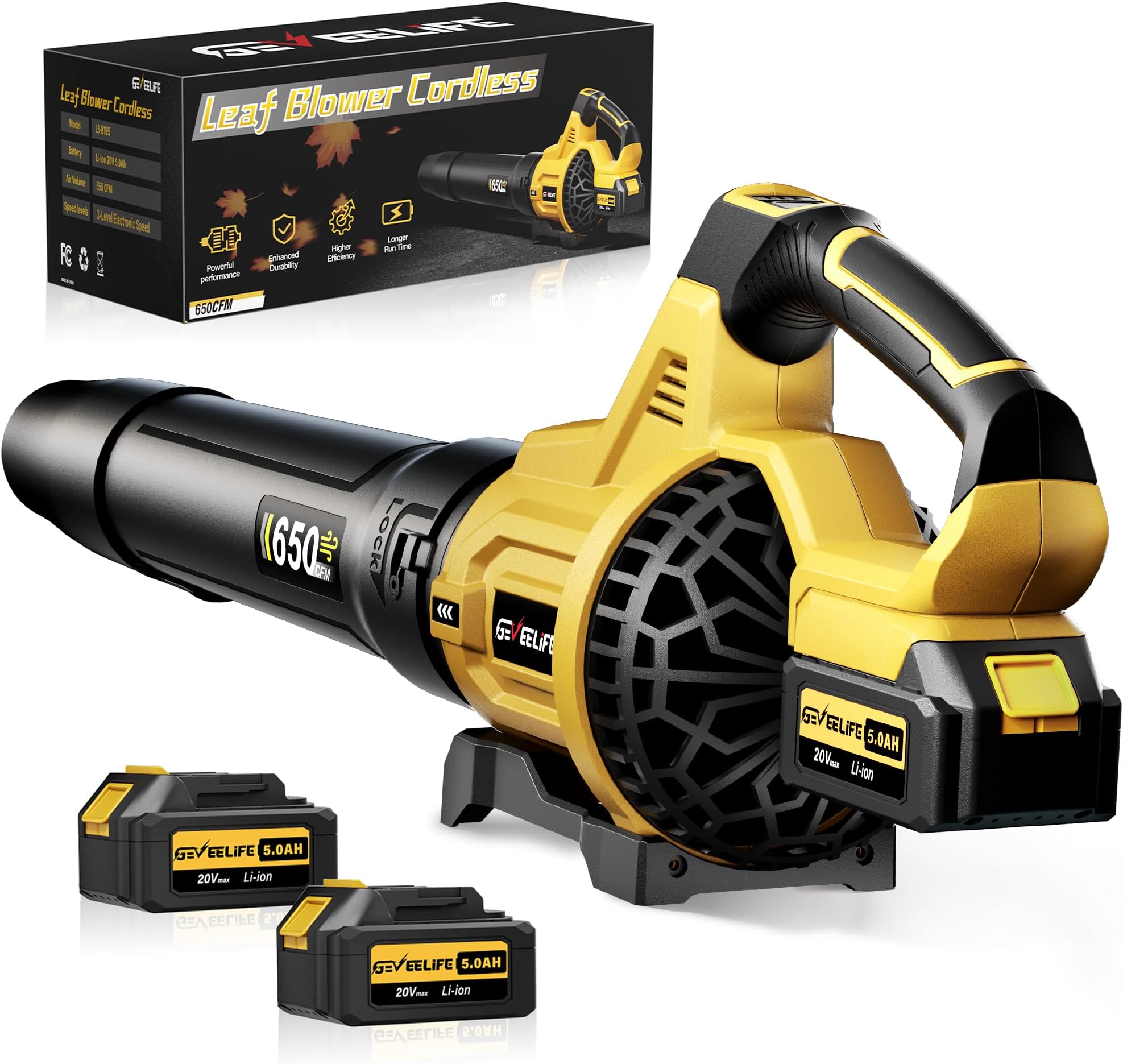 GEVEELIFE Leaf Blower Cordless, 650CFM & 3 Speed Levels, Electric Cordless Leaf Blower with 2 * 5.0Ah Battery Powered, Blowers for Lawn Care, Yard, Blowing Leaves, Dust, Snow