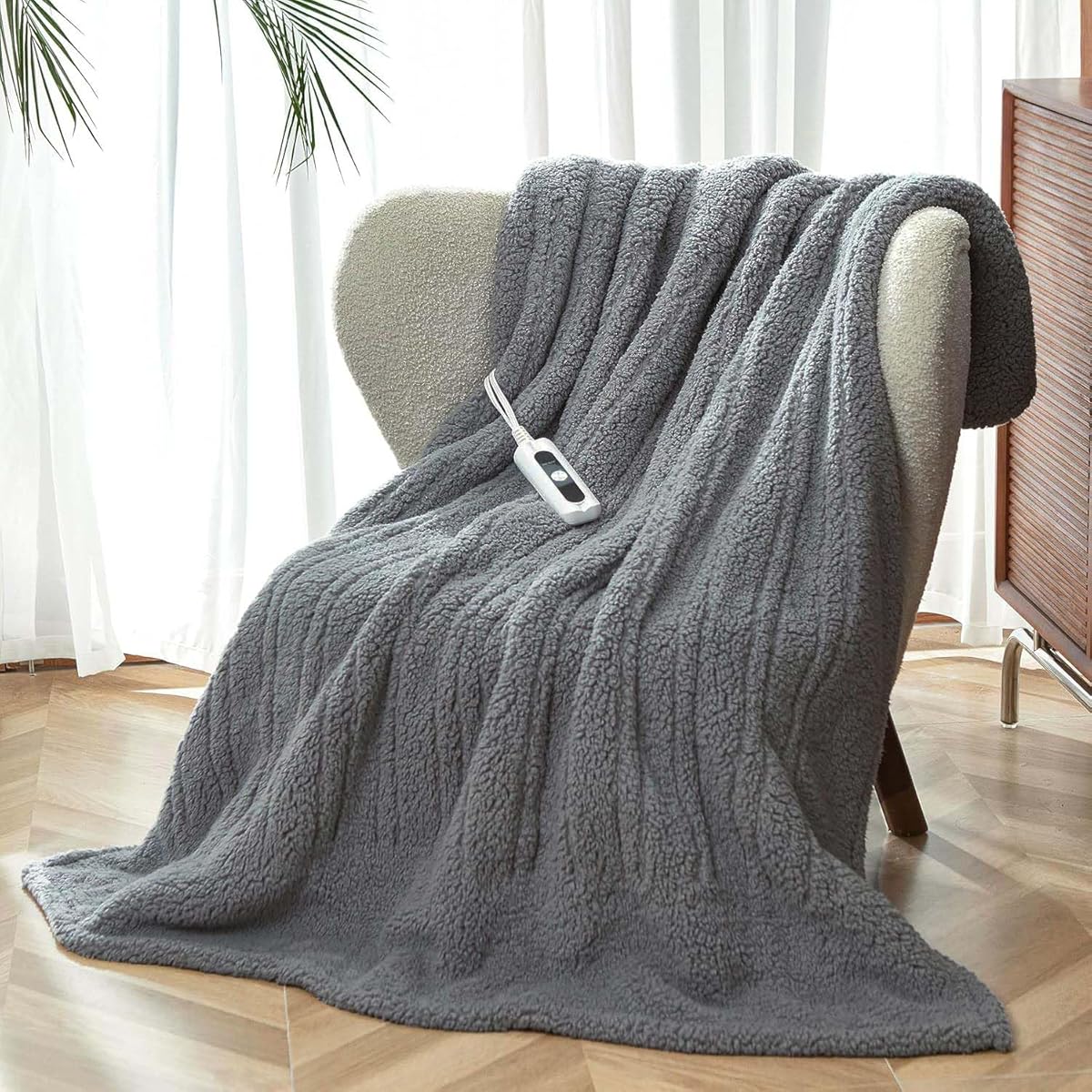 Heated Throw Blanket Double Sided Sherpa, Soft Heating Electric Blanket for Bed, Automatic Safety System, 6 Heating Levels & 4 Hours Auto-Offf, 50"x60" Dark Grey