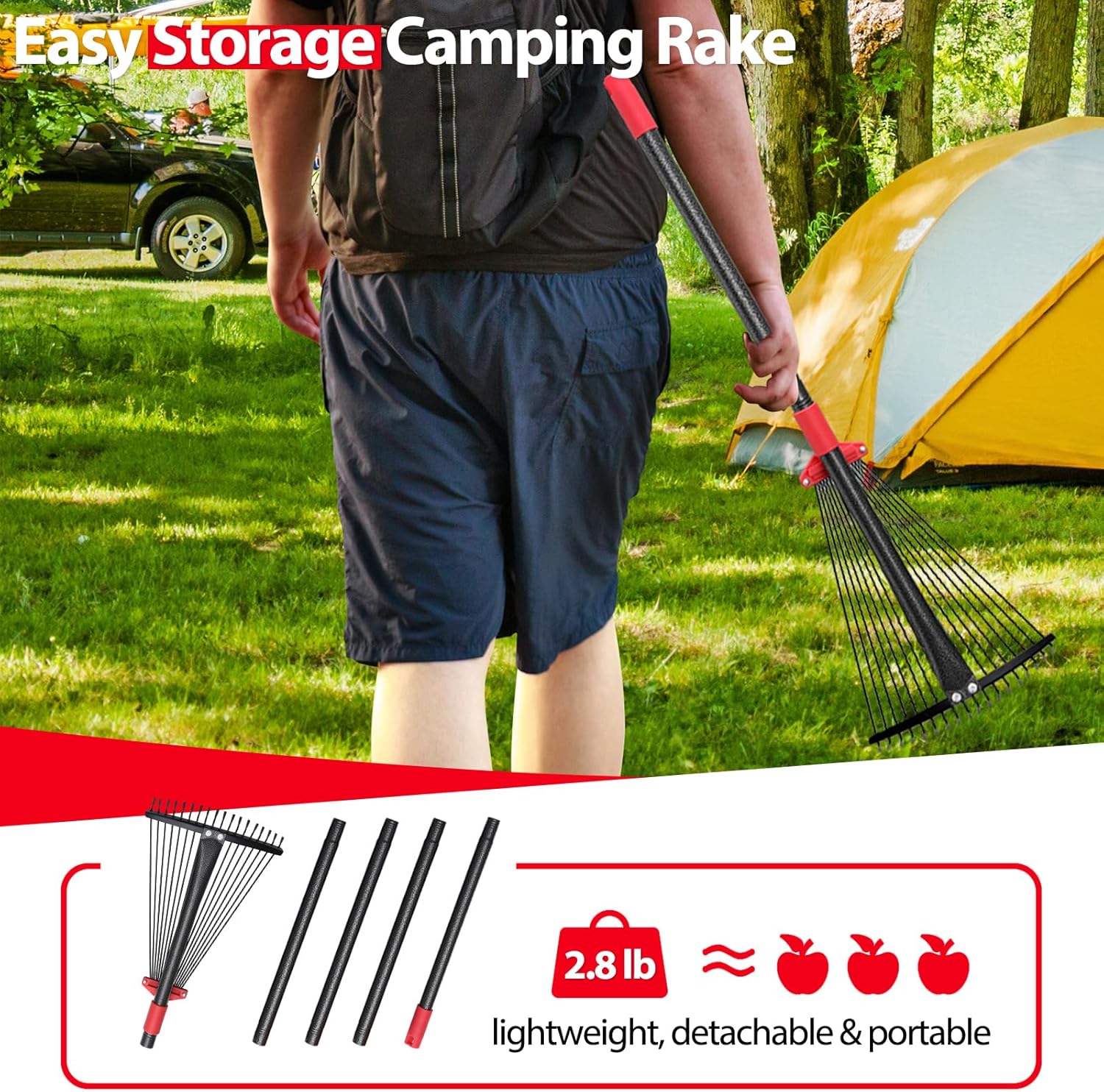 Rake for Leaves, Adjustable Garden Leaf Rakes for Lawns Heavy Duty, Metal Rake with 18 Clog-Free Tines, 9”-17” Collapsible Head, 6 ft Long Handle, Yard Tools for Gardening Camping Fast Cleanup