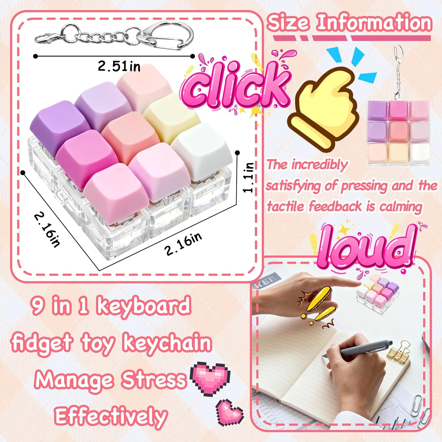 Keyboard Fidget Toy Clicker Fidget Keychain, 9-in-1 Stress Relief Desk Toys Decompression Button Keyboard with Removable Keycaps, Anxiety Relief Valentine's Day Gifts (9 Color-Purple Pink Rose)