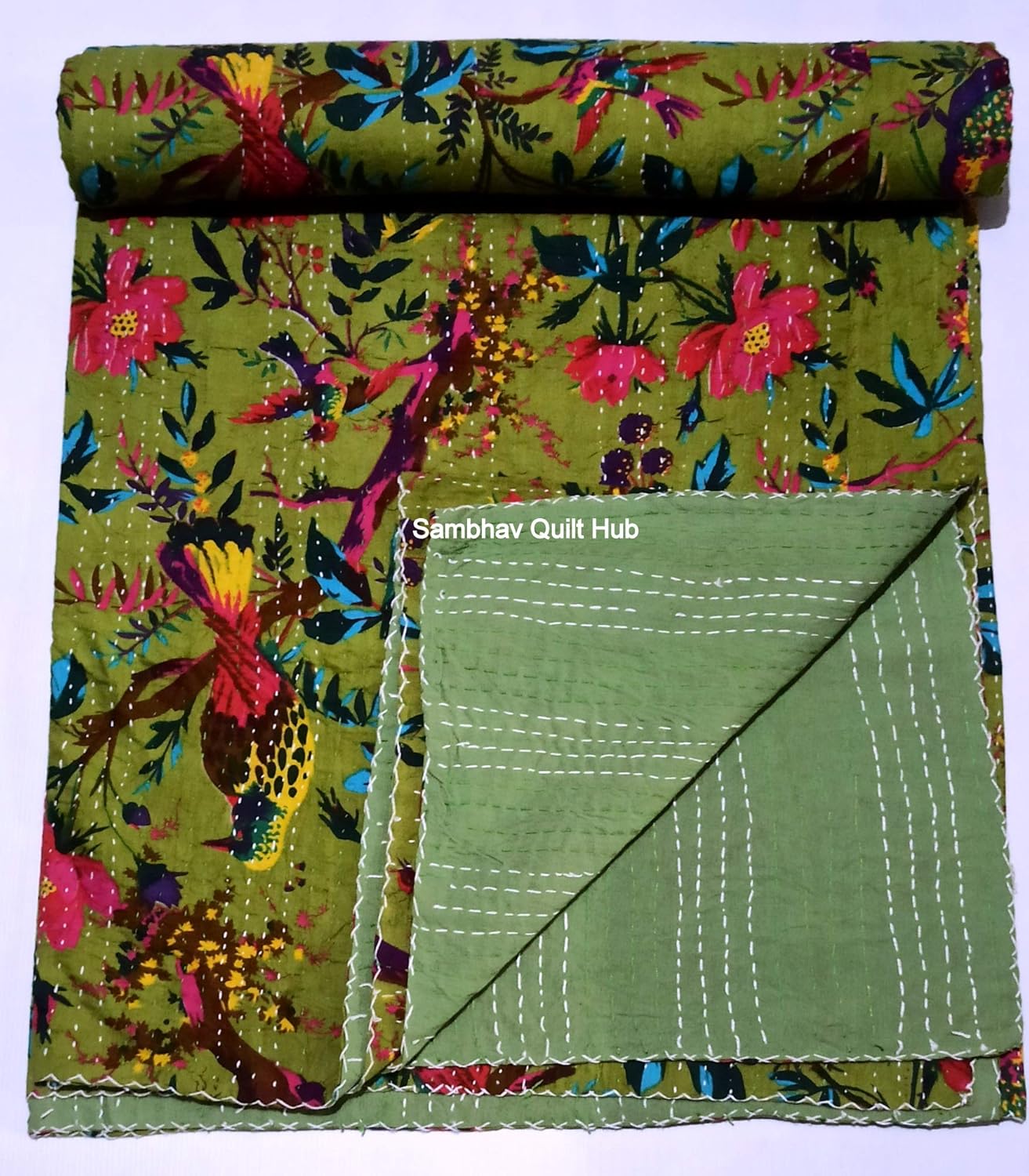 Yellow Floral Bird Kantha Quilt Reversible Kantha Bedding Quilt Bedspread Blanket Hippie Bohemian Kantha Quilting King/Queen Home Decor Bird Kantha Quilt with 2 Pillow Cover (60X90 inches)
