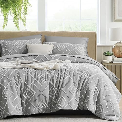 KAKKI Juego de edredón gris de 7 piezas en una bolsa, juego de edredón y sábanas bohemias de microfibra suave para todas las estaciones (gris, King)