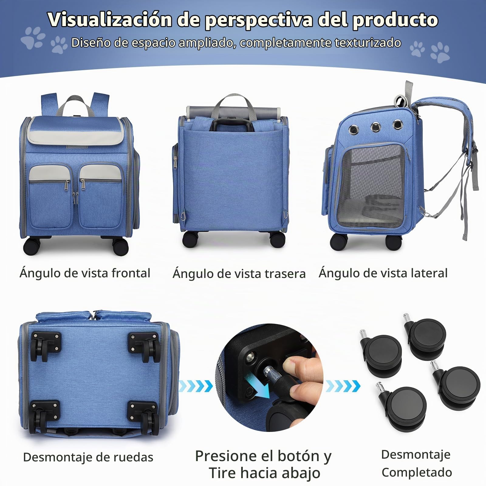 PETCUTE Mochila con Ruedas para Mascotas,Mochila Plegable para Gatos Grandes y Perros Pequeños con Asa Telescópica,Alfombrilla Extraíble,Mochila para Perros con Diseño Ventilado,Multi-Bolsillos