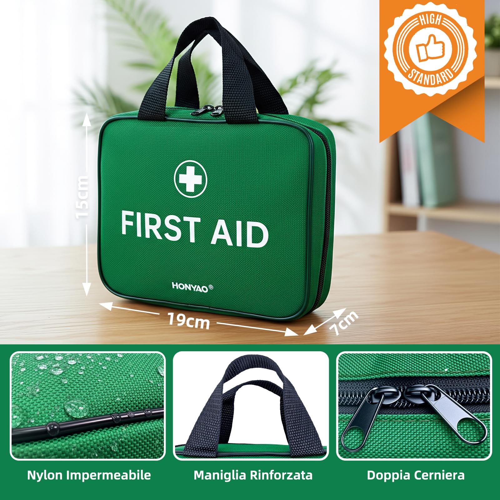 HONYAO Kit di Pronto Soccorso 180 Pezzi, Kit Primo Soccorso Completo per Casa Auto Aziende Sport Viaggio Camping Trekking Bambini, Verde