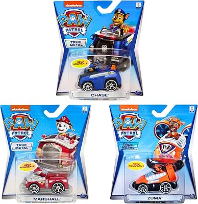Paw Patrol - True Metal Collectible Diecast Toy Vehicle Bundles - Set 1 Pack of 3 - Chase, Marshall, Zuma