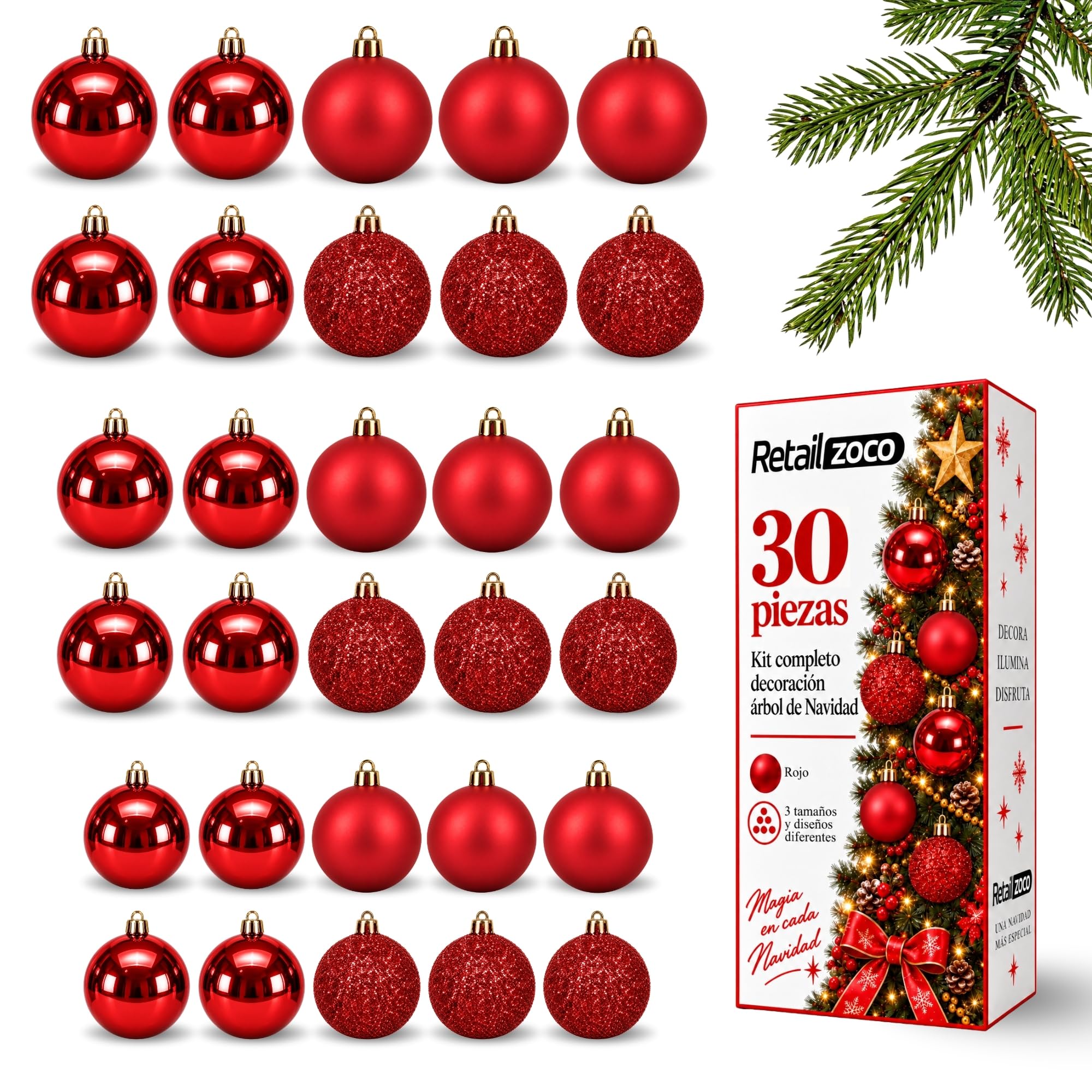 Bolas de Navidad, Adornos Arbol Navidad, 30 Piezas, Rojo Navidad - imagen 1