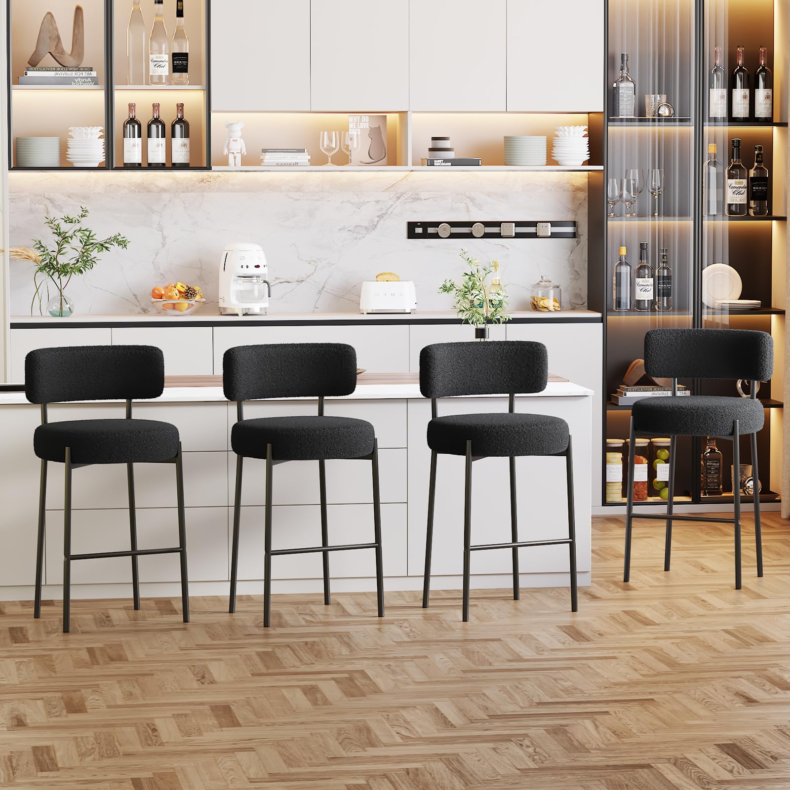 Set di 4 Sgabelli da Bar, Sgabelli da Bar Alti con Schienale, Sedie da Cucina con Poggiapiedi, Seduta alta 63,5cm per Bar, Caffè, Isola della Cucina, Nero