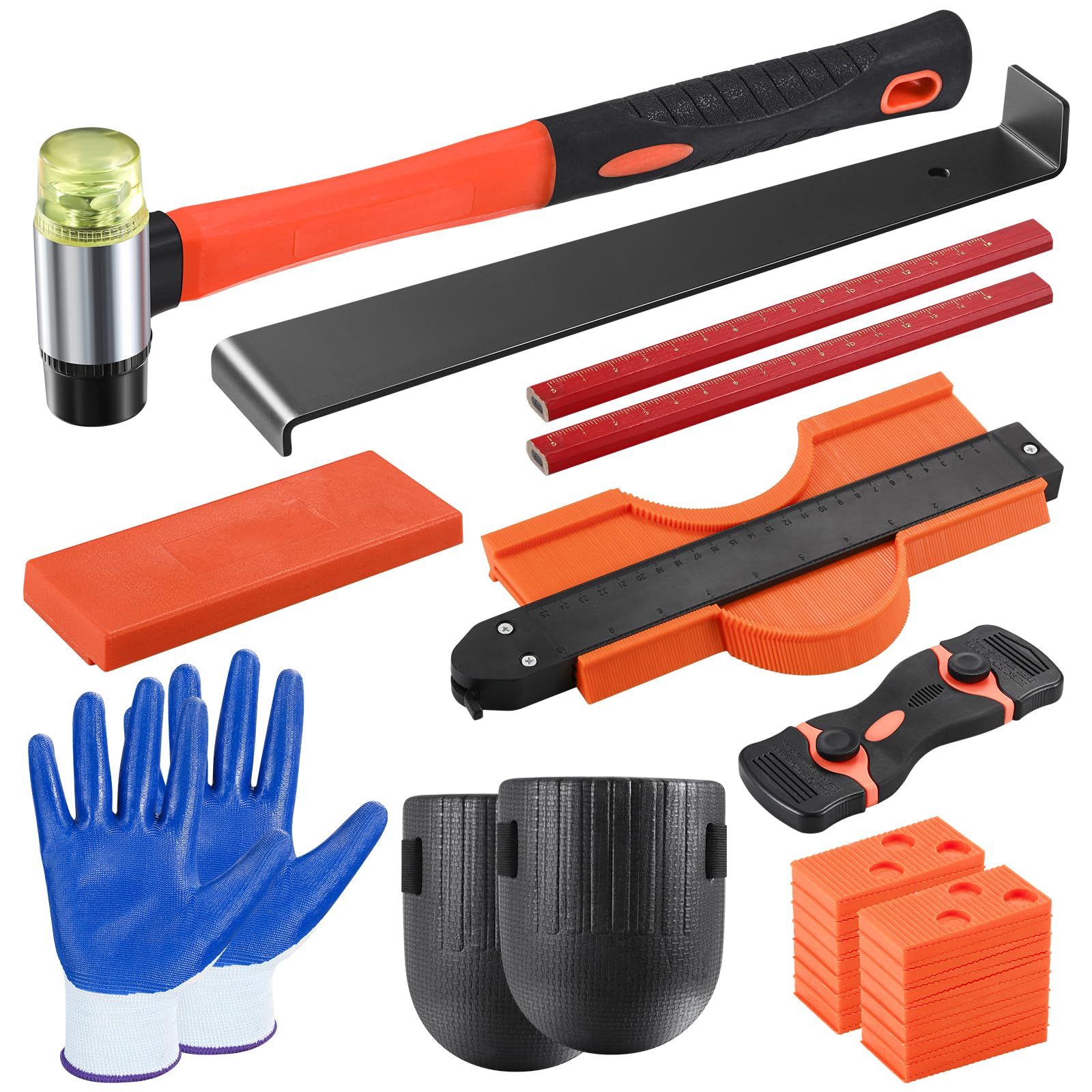 JHJGJ Laminate Wood Flooring Plastic handle installation hammer, medium return hook, orange square tapping block, orange gasket, 10 inch imitation