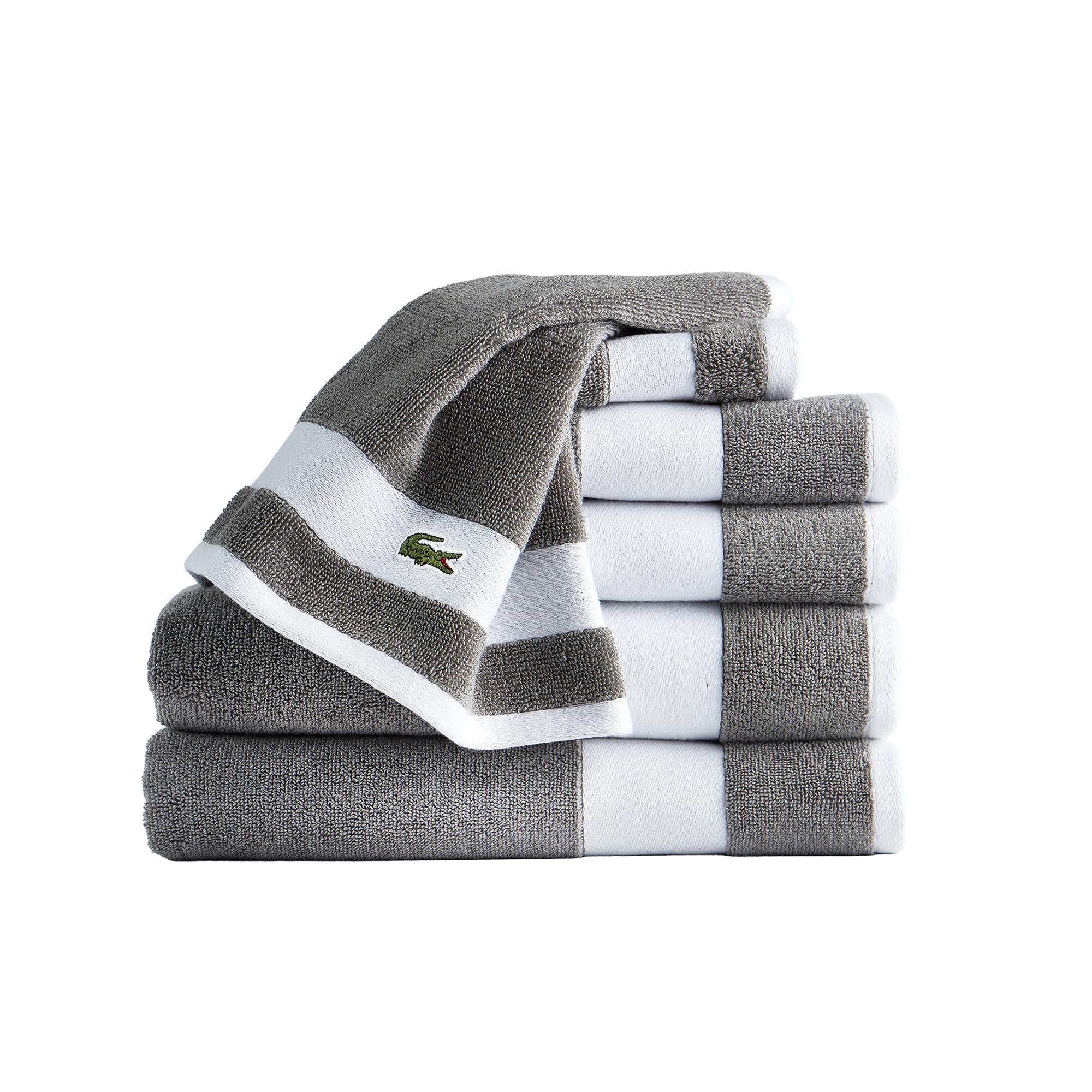 Lacoste Sport Stripe Cotton 6-teiliges Luxus-Handtuch-Set, 2 Badetücher, 2 Handtücher, 2 Waschlappen, Meteorit