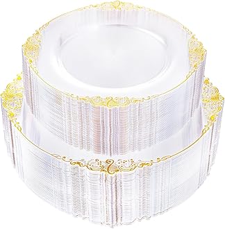 102PCS Clear Gold Plastic Plates - Clear Disposable Plates with Gold Rim - Clear Party Plate Include 51PCS Dessert Plates, 51PCS Dinner Plate for Weddings & New Year Parties
