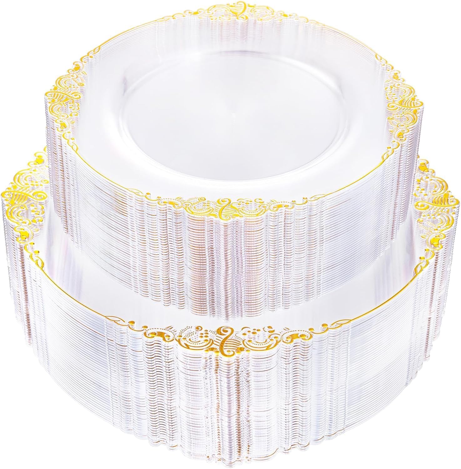 102PCS Clear Gold Plastic Plates - Clear Disposable Plates with Gold Rim - Clear Party Plate Include 51PCS Dessert Plates, 51PCS Dinner Plate for Weddings & New Year Parties