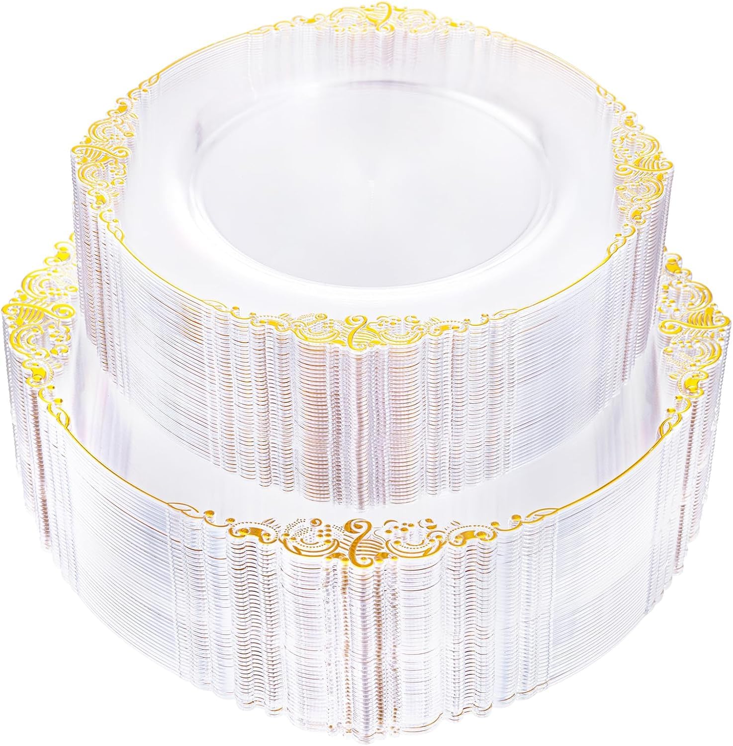 102PCS Clear Gold Plastic Plates - Clear Disposable Plates with Gold Rim - Clear Party Plate Include 51PCS Dessert Plates, 51PCS Dinner Plate for Weddings & New Year Parties