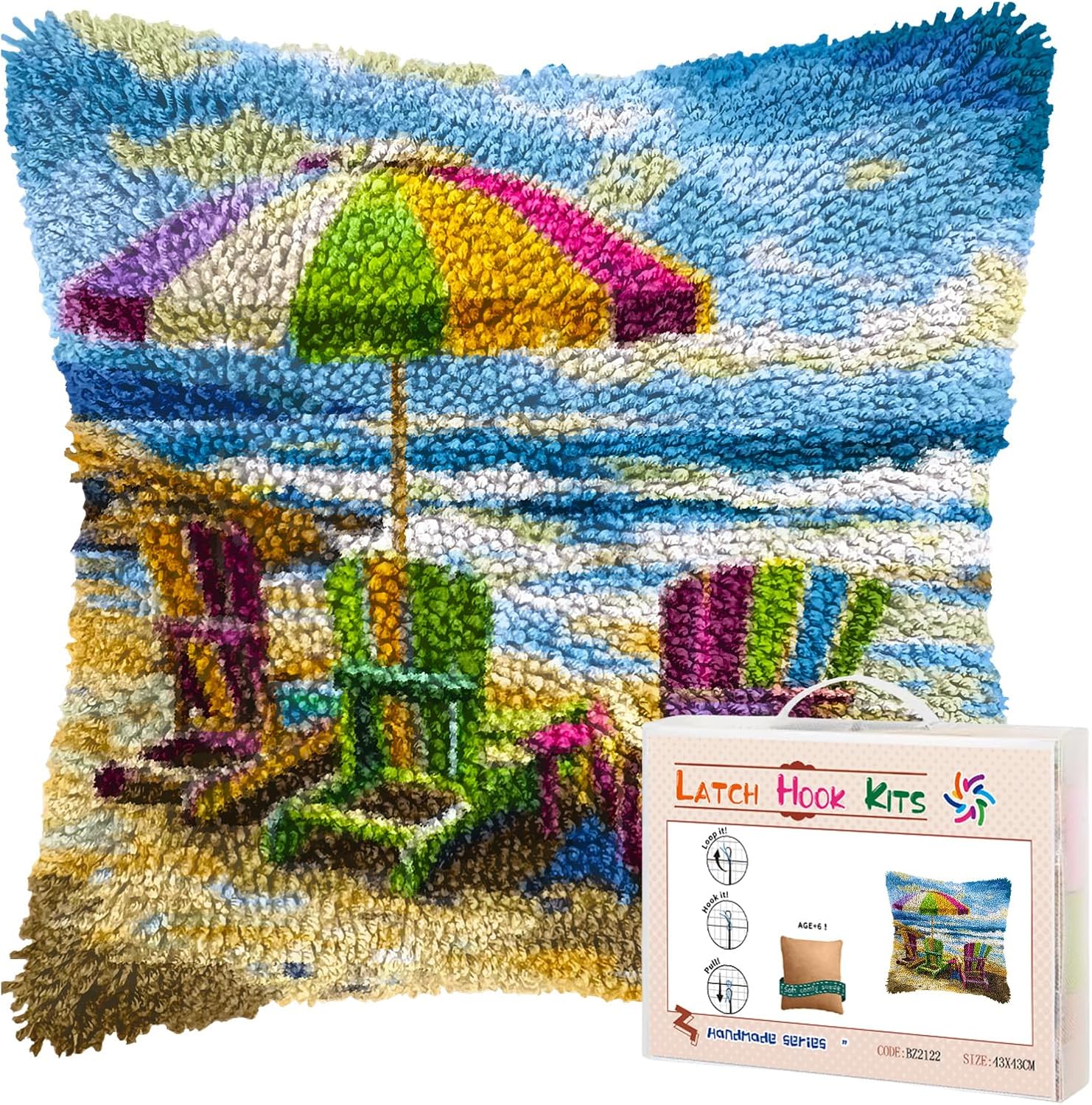 DIY Latch Hook Pillow Kits Beach Scene with Colorful Chairs Umbrella Printed Pillowcase Crochet Yarns Hooking Handmade Pillow Cover Cushion for Home Sofa Decoration 17x17inch-4