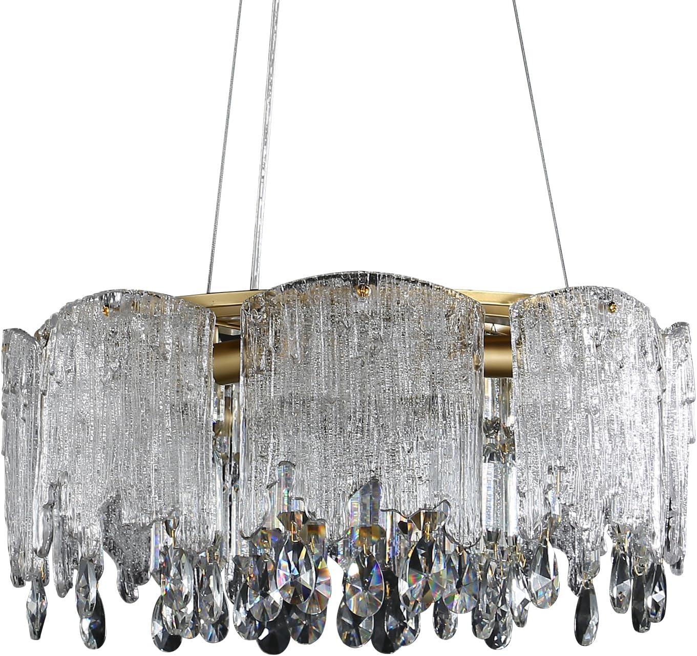20 inch Gold Chandelier, 6-Light Round Crystal Chandelier, Modern Pendant Light Fixture with Textured Glass for Bedroom Dining Room Kitchen Bathroom Entranway
