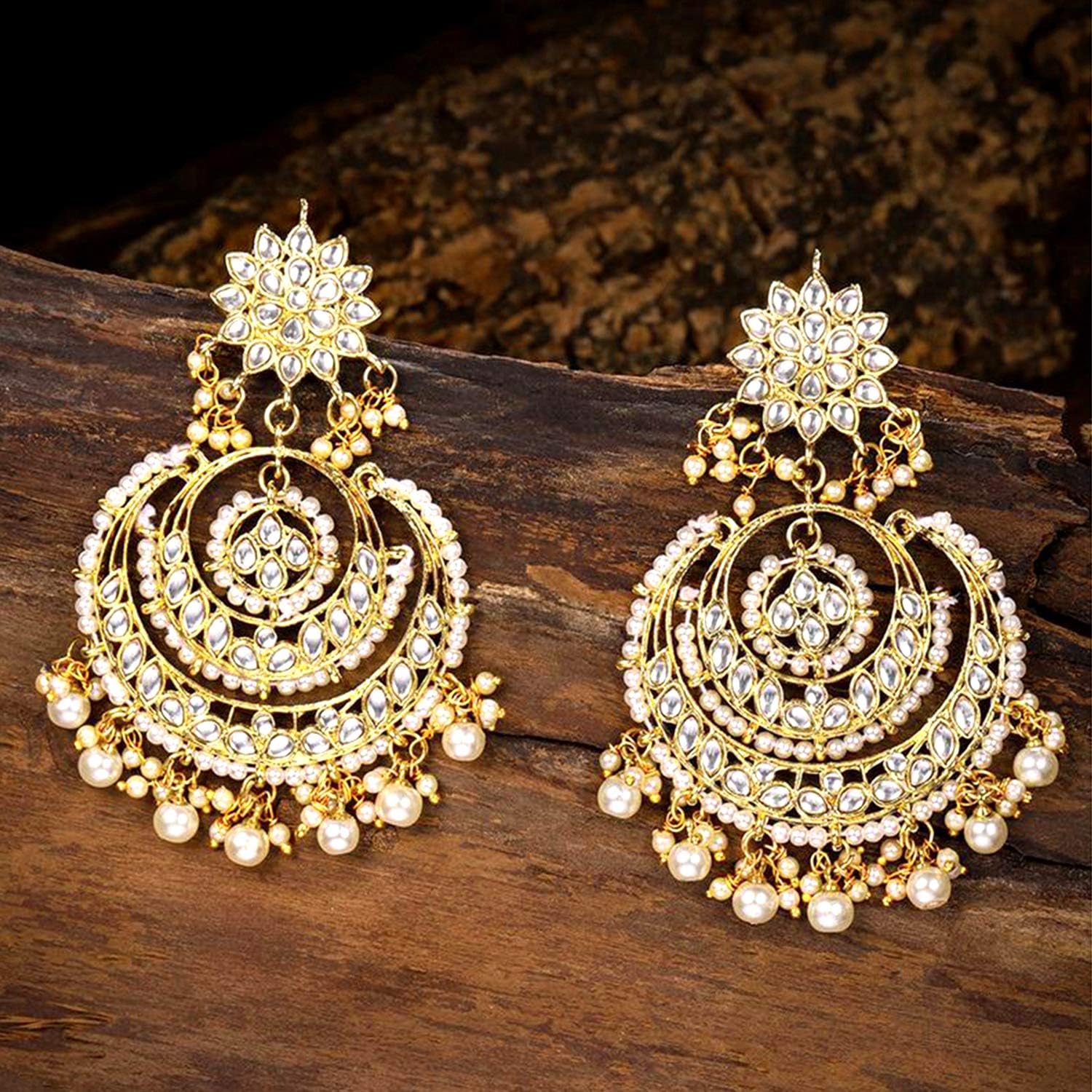 Aheli Ethnic Bridal Faux Kundan Pearl Chandbali Earrings Gift for Women Fancy Indian Traditional Bollywood Jewelry Set