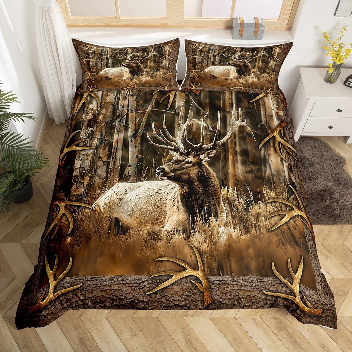 Erosebridal Rustic Deer Duvet Cover for Cabin Lodge Vintage Elk Moose Antlers Bedding Set King Size Farmhouse Woodland Comforter Cover Hunting Animal