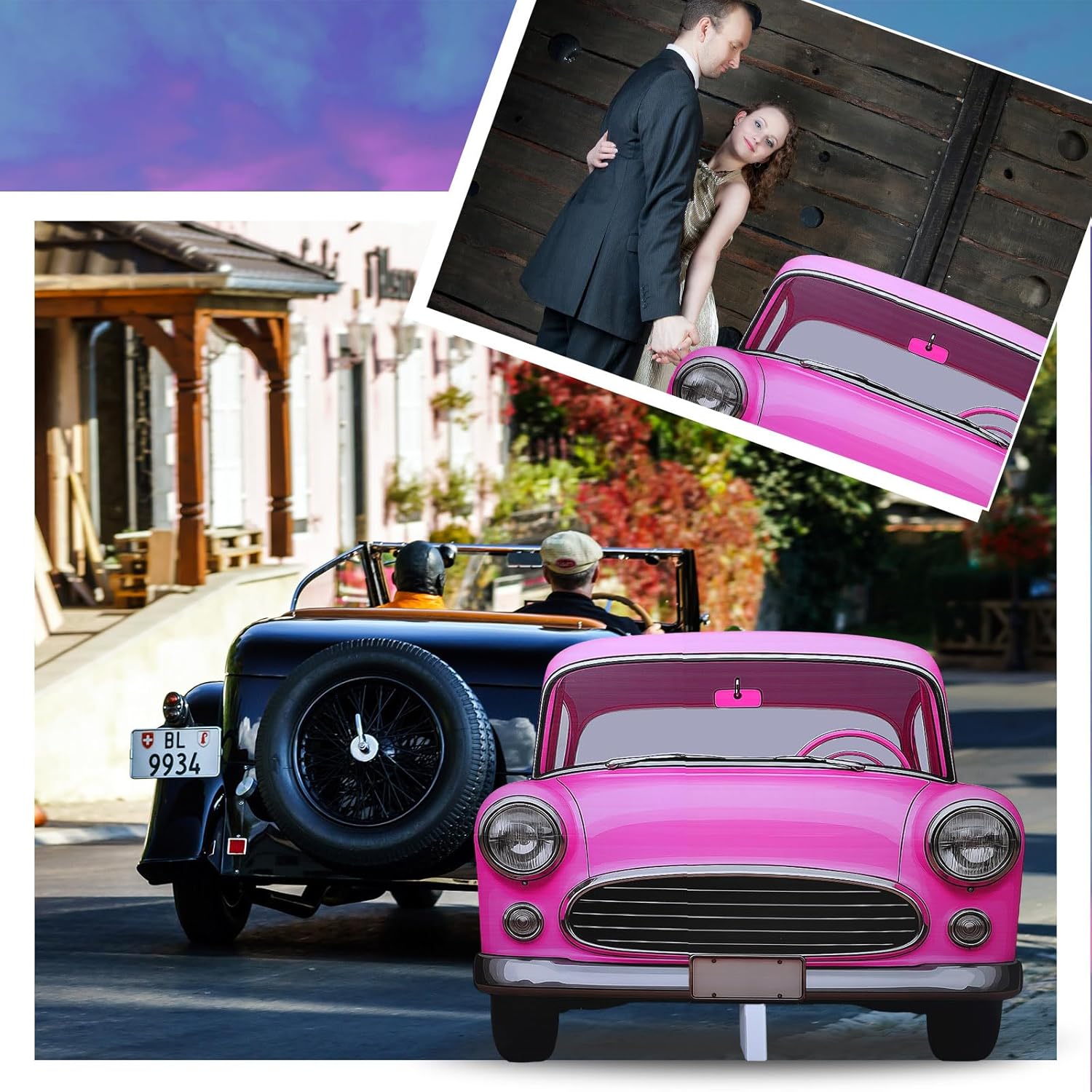 Amyhill 5 Feet 1920s Pink Car Cardboard Cutout Stand Up Life Size Retro Car Stand Up Cardboard 50's 20's 70's Themed Party Sock Hop Rock 'n' Roll Event Backdrop Photo Props Standup