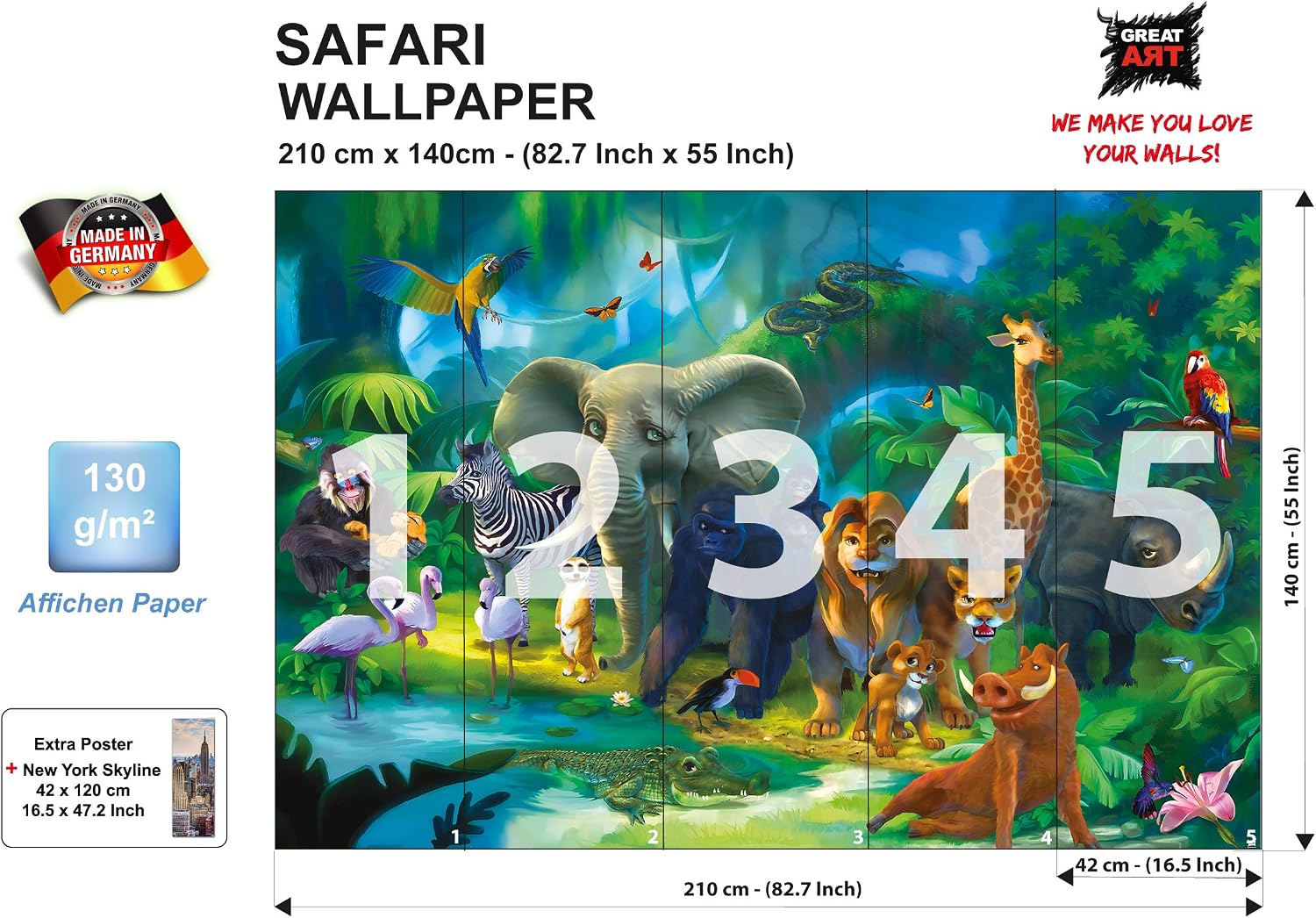 GREAT ART® Mural – Jungle Animals Wallpaper – Safari Mural Children Room Poster Wild Animal Adventure Art Colourful Kids Design Wilderness Decor Wallpaper (82.7 x 55 Inch / 210 x 140 cm) - Image 3