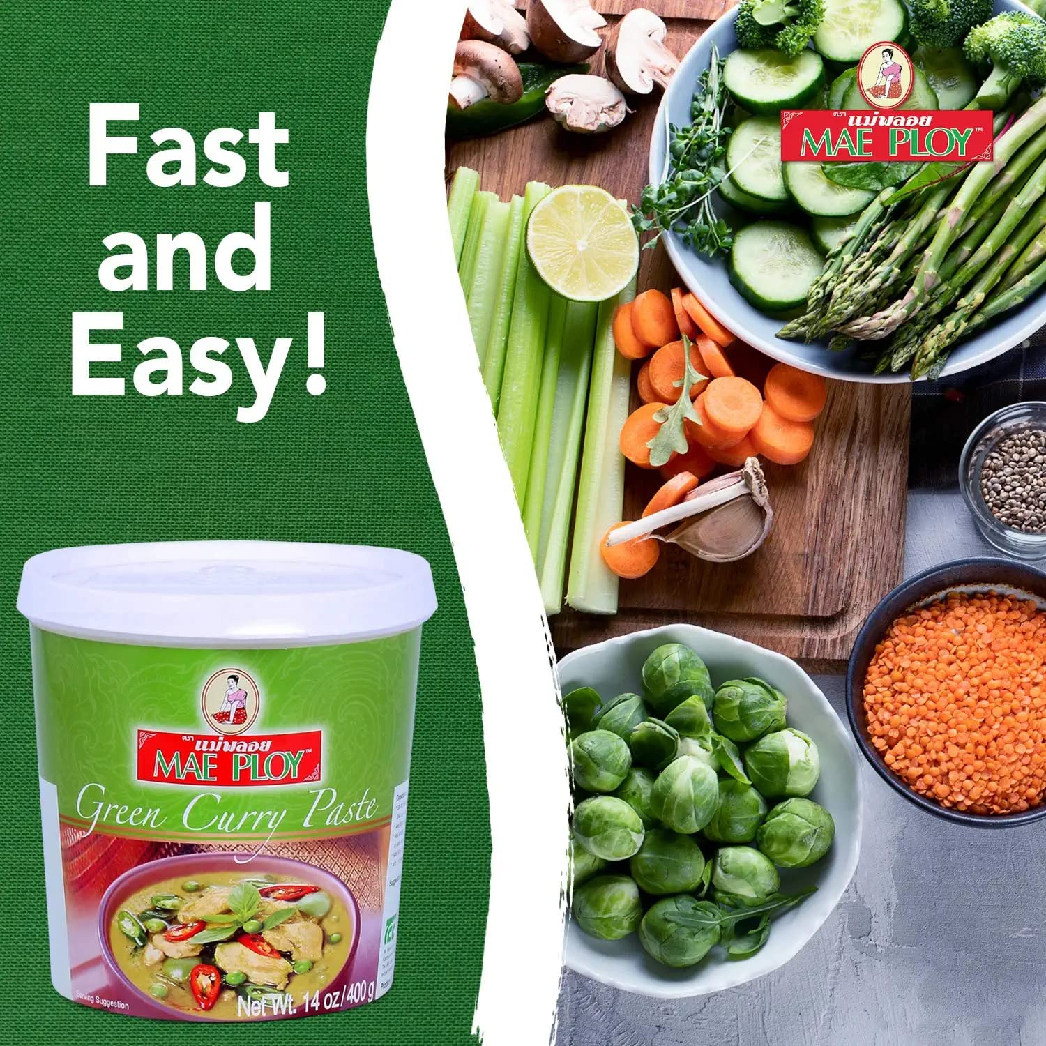 Pasta de Curry Verde Tailandés 400 g, mezcla aromática picante para recetas thai