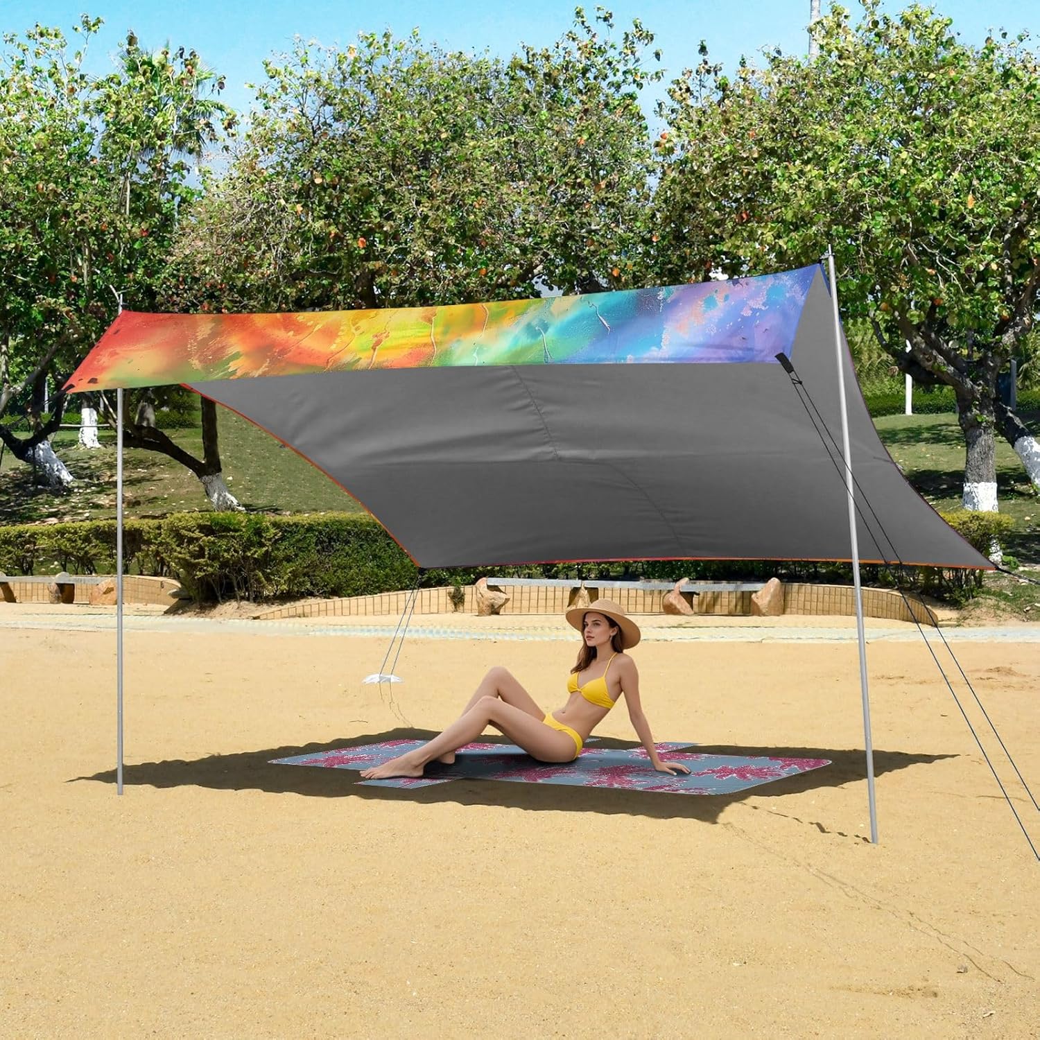 ALAZA Swirl Tie Dye Beach Tent Sun Shelter UPF50+ Protection Beach Shade Canopy w/ 4 Sandbags for Outdoor Camping, Fishing, Backyard Fun, Picnic, 10x9 ft