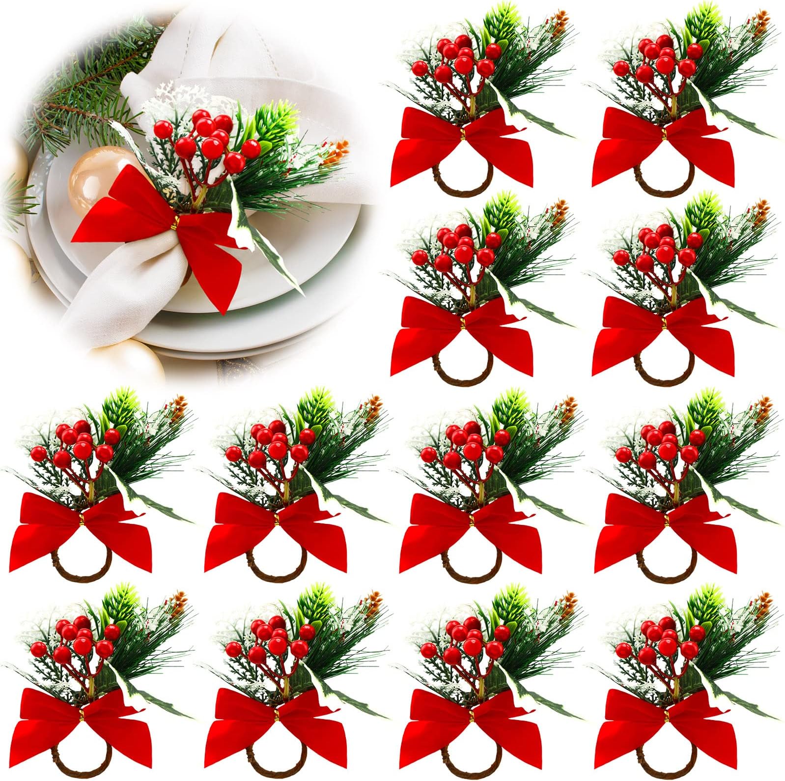 Skyley Set of 12 Christmas Napkin Rings Farmhouse Holly Berry Napkin Holder Xmas Handmade Bow Tie Serviette Rings for Christmas Table Decoration, Wedding, Parties