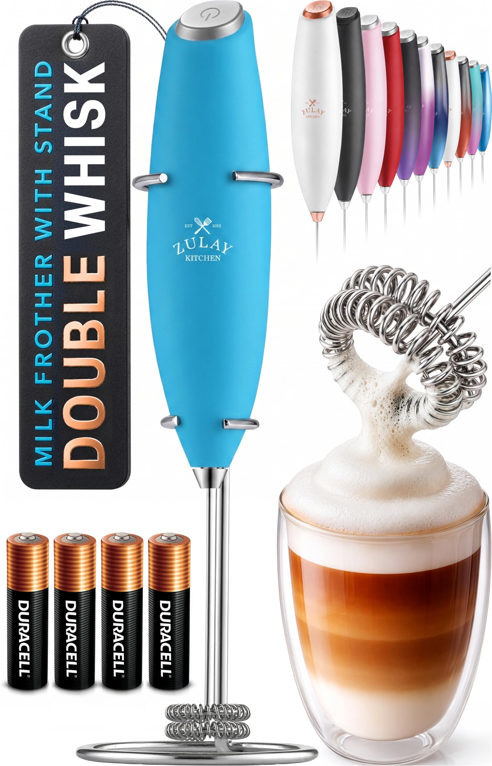 Zulay Kitchen Powerful Milk Frother Wand With Duracell Batteries - Ultra Fast Handheld Drink Mixer - Electric Whisk Foam Maker for Coffee, Lattes, Cappuccino &amp; Matcha - Double Whisk - Teal