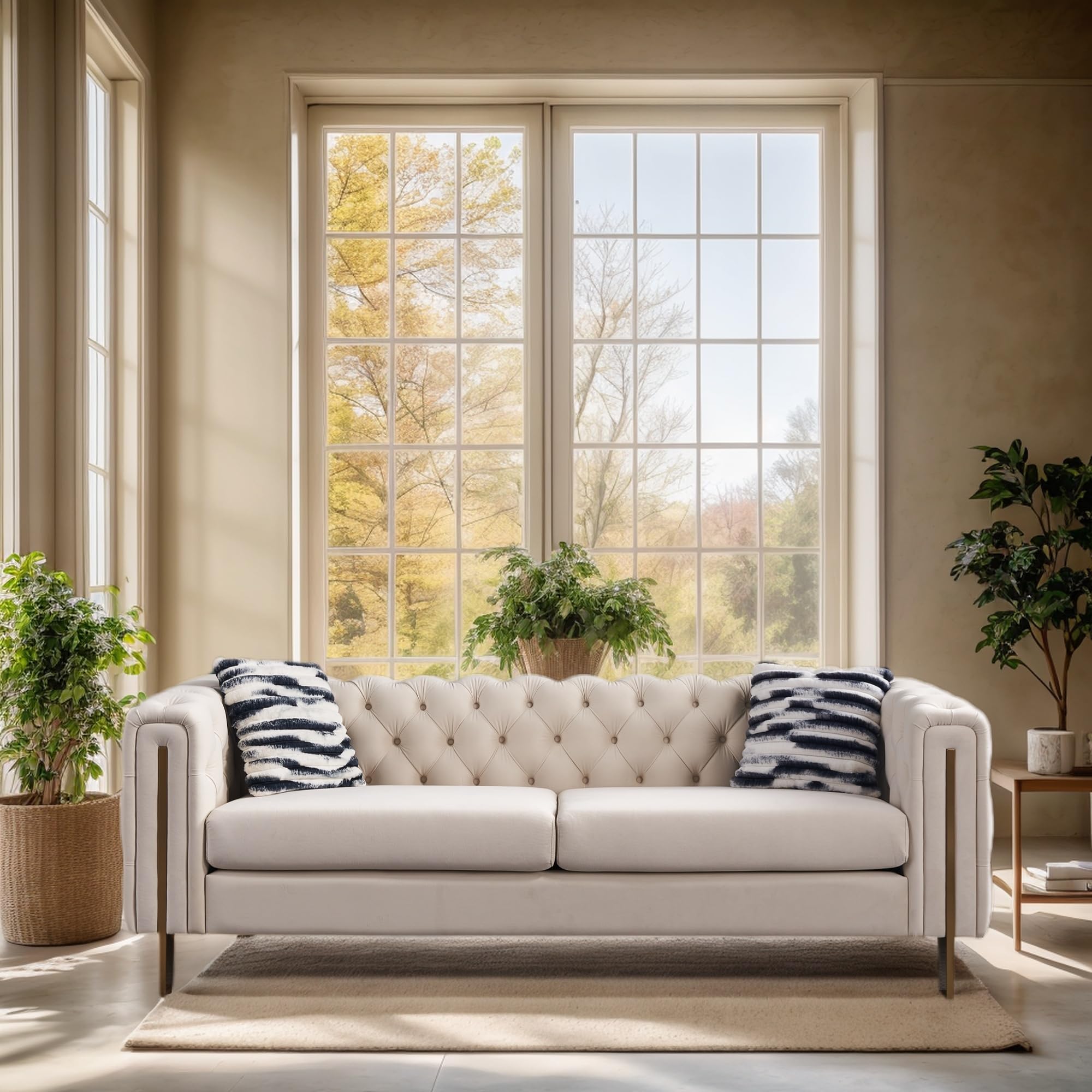 KEIKI 84" Chesterfield Velvet Tufted Button Sofa with Removable Cushions and 2 Toss Pillows, Modern 3-Seater Couch with 4 Gold Metal Leg, Easy Assembly, for Living Room, Bedroom, Apartment, Cream