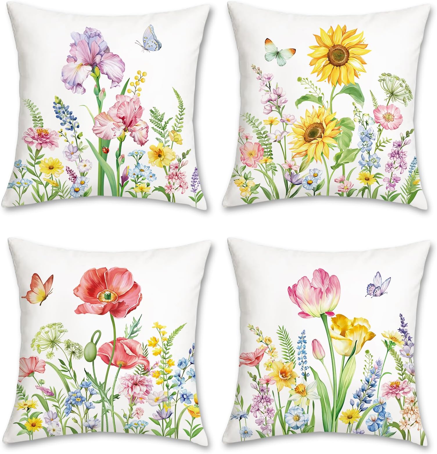 Bonhause Spring Floral Throw Pillow Covers 18 x 18 Inch Tulips Iris Sunflower Poppy Floral Decorative Pillows Soft Velvet Cushion Cases for Couch Sofa Garden Patio Decor Set of 4
