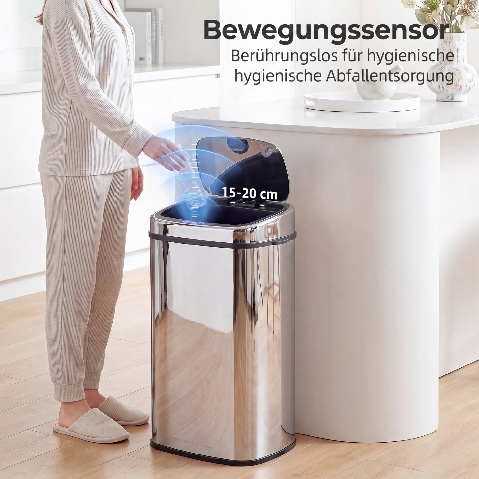 HOMCOM Sensor Mülleime 68Lr Automatik Bewegungssensor Edelstahl Silber | Wasserdichter Abfalleimer, für Büro, Schlafzimmer, Küchen