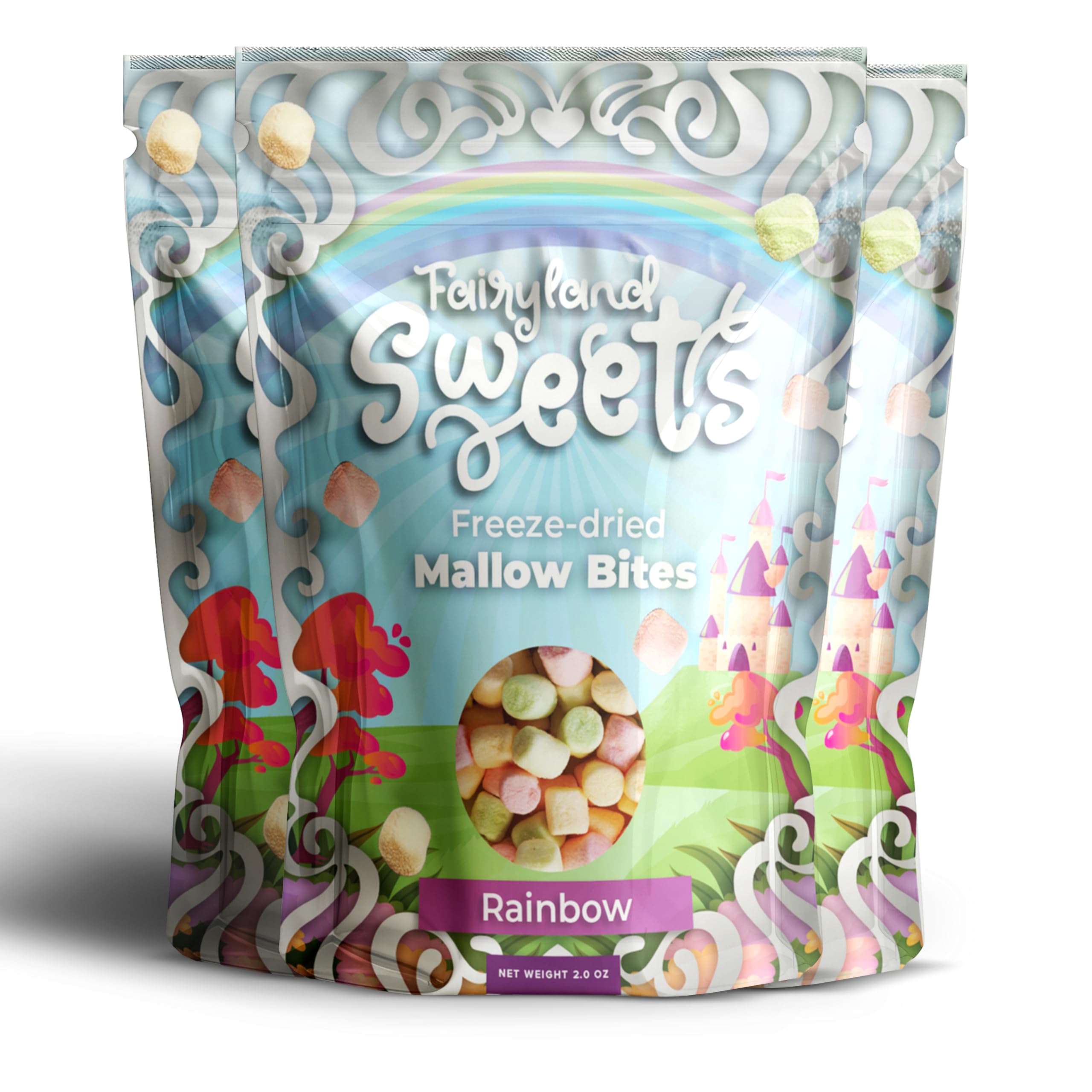 Fairyland Sweets Freeze Dried Candy Mallow Bites Rainbow – Fun, Crunchy Freeze Dried Marshmallows mini assorted strawberry, lemon, orange and lime flavors – 2.0 oz - Resealable Bag(Pack of 03)