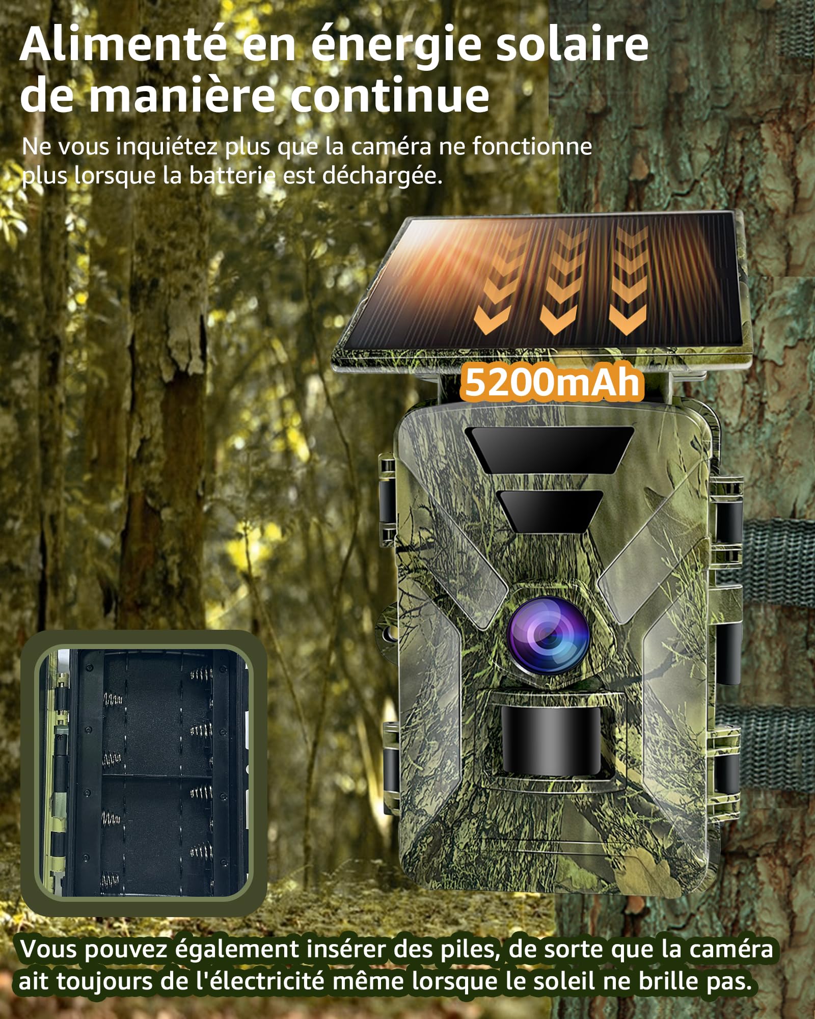 HAZA Caméra de Chasse Solaire Wi-Fi 4K HD, 5000mAh Batterie Rechargeable, Détecteur de Mouvement, Vision Nocturne Animaux avec Carte SD 32G