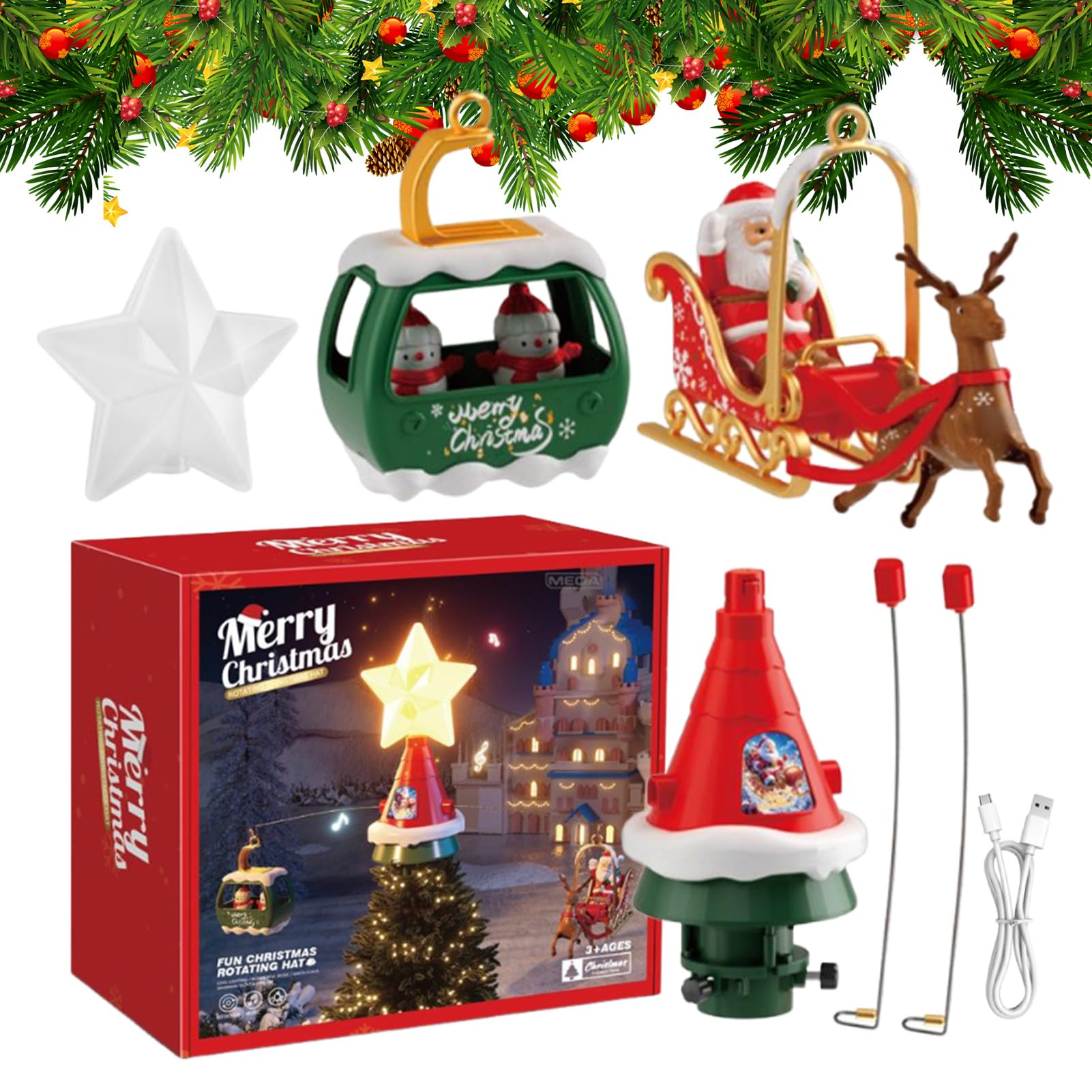 Decoración giratoria para árbol de Navidad, luz LED, de árbol de música