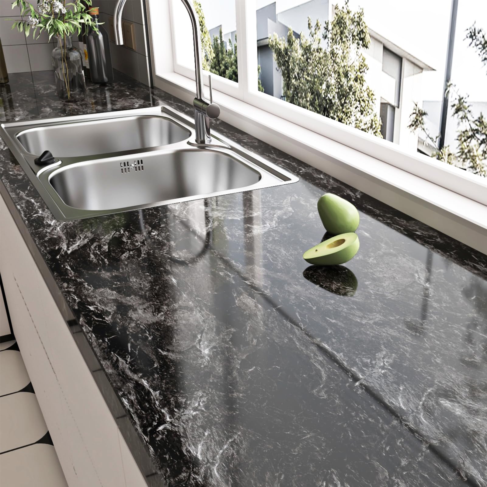 Glossy Black Marble Contact Paper for Countertops 24"x118" Brown/Black Peel and Stick Wallpaper Waterproof Shiny Self Adhesive Granite Contact Paper