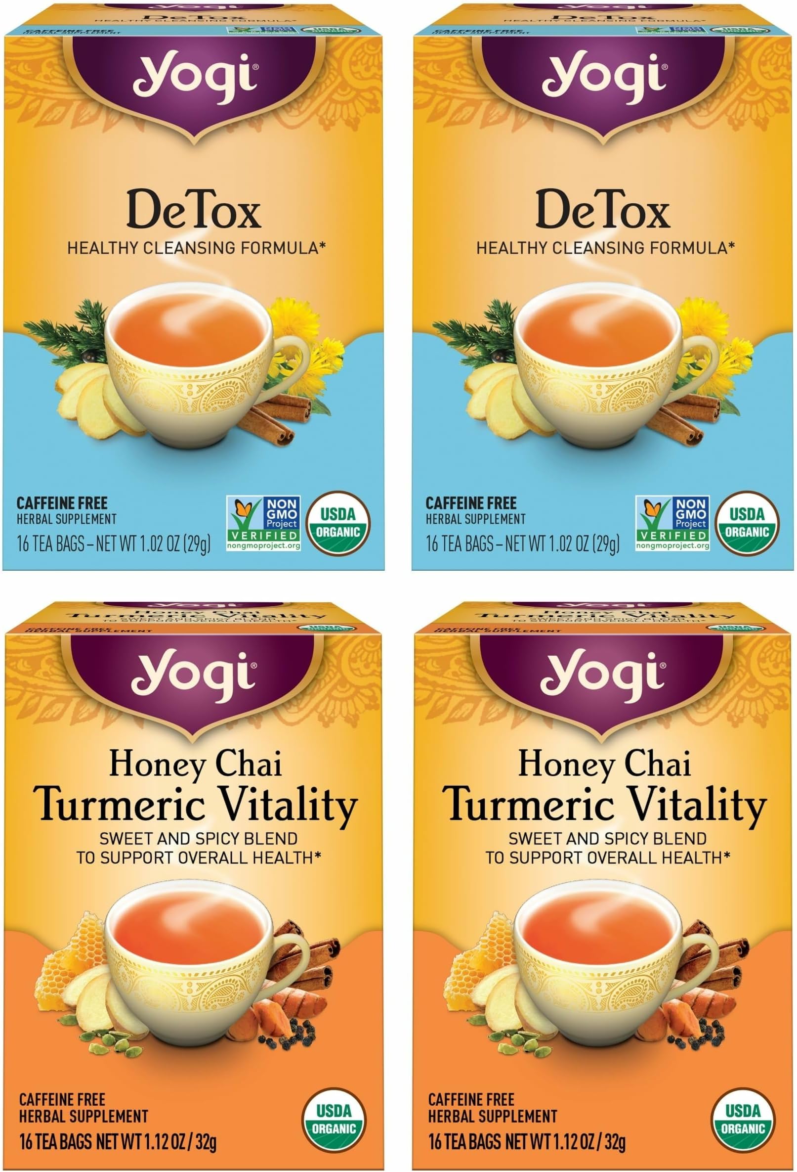 Tea DeTox and Wellness Variety Pack 4pk - 16 Bags per Pack (4 Pack) - Organic Herbal Cleansing Teas - Includes (2 Boxes Each) of Honey Chai Turmeric Vitality & DeTox - Caffeine-Free Teas