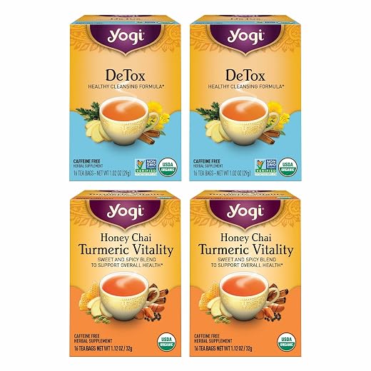 Yogi Tea DeTox and Wellness Variety Pack 4pk - 16 Bags per Pack (4 Pack) - Organic Herbal Cleansing Teas - Includes (2 Boxes Each) of Honey Chai Turmeric Vitality & DeTox - Caffeine-Free Teas