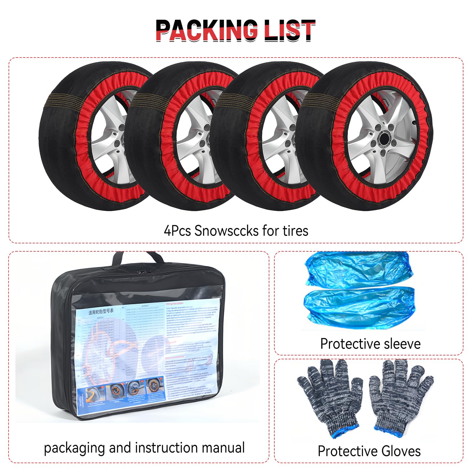 Calcetines de nieve para neumáticos de coche, tela gruesa, cadena de nieve, antideslizante, cubierta de rueda de tracción de invierno con guantes y funda de transporte para coches, SUV, camiones (4)