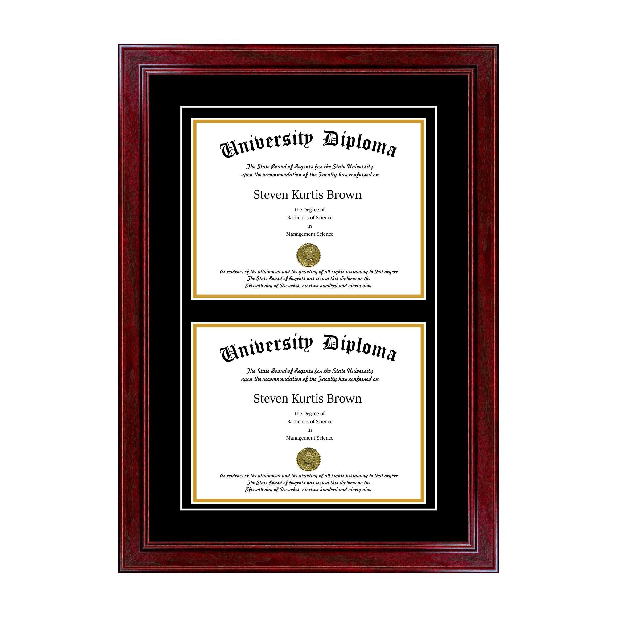 Double Diploma Frame with Double Matting for 14" x 11" Tall Diploma with Cherry 1.5" Frame