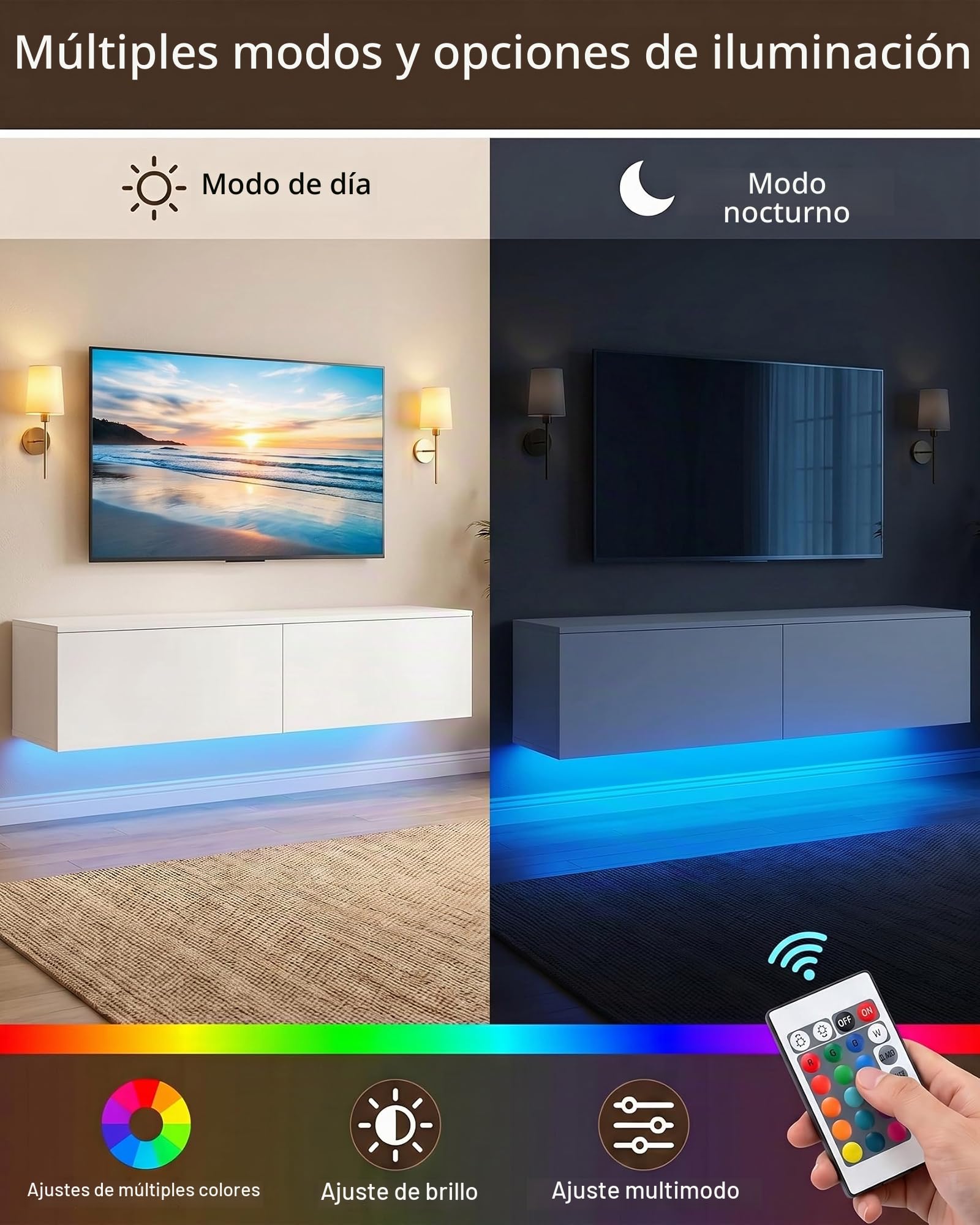 Muebles TV Salon Modernos, Mueble TV Flotante Blanco 180 cm con Espacio de Almacenamiento y Efecto RGB Multicolor Variable