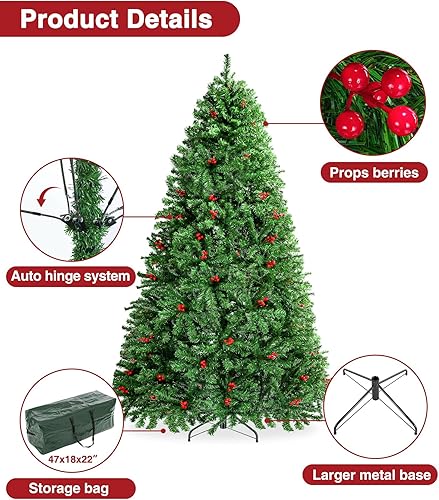 Miniatura 6 de Árbol de Navidad artificial predecorado de 7.5 pies, árbol de Navidad navideño sin luz con 1346 puntas de rama, 84 bayas, base plegable y bolsa de