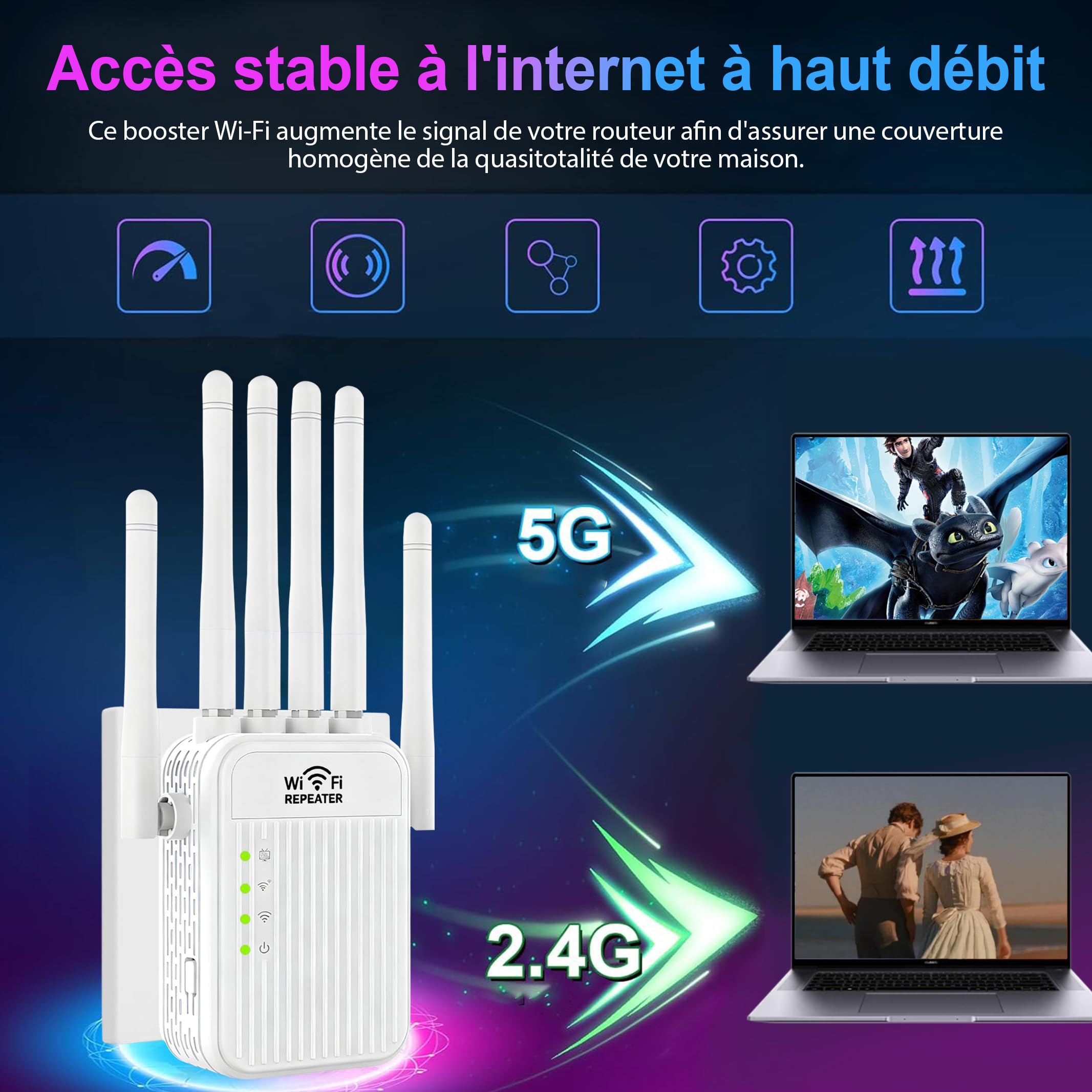 Répéteur WiFi Puissant sans Fil,amplificateur WiFi de dernière Technologie avec 6 antennes Couvrant Une superficie de 10000 sq.ft,2 Ports LAN,répéteur WiFi/routeur/AP pour la Maison et Le Bureau (S)