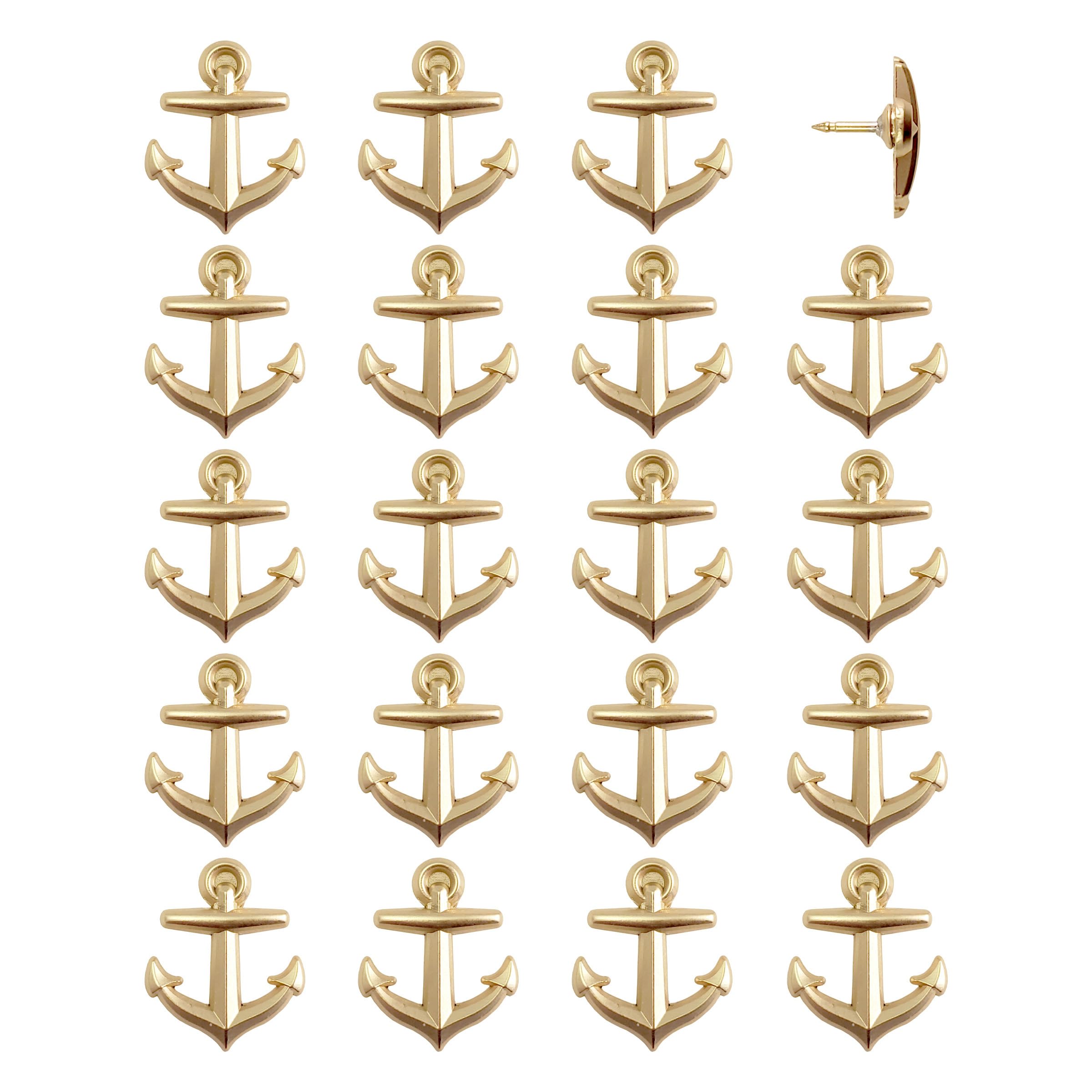 Anchor Push Pins - Gold Metal Anchor Pins - for Cork Board, Maps, or Lapel Pin Use - Designed in USA - Set of 20